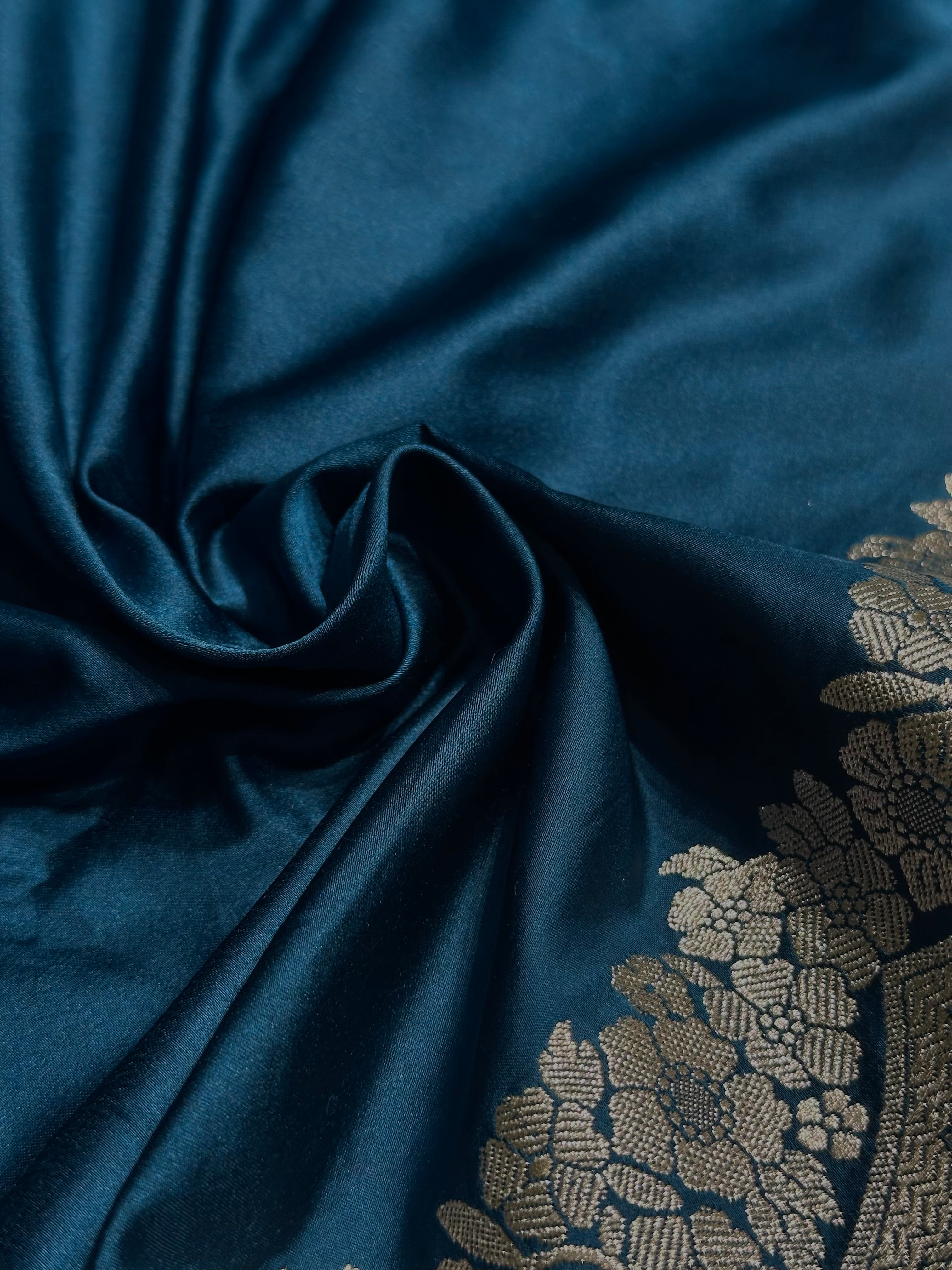 German Blue Shades Scallop Booti Mashru Silk Saree