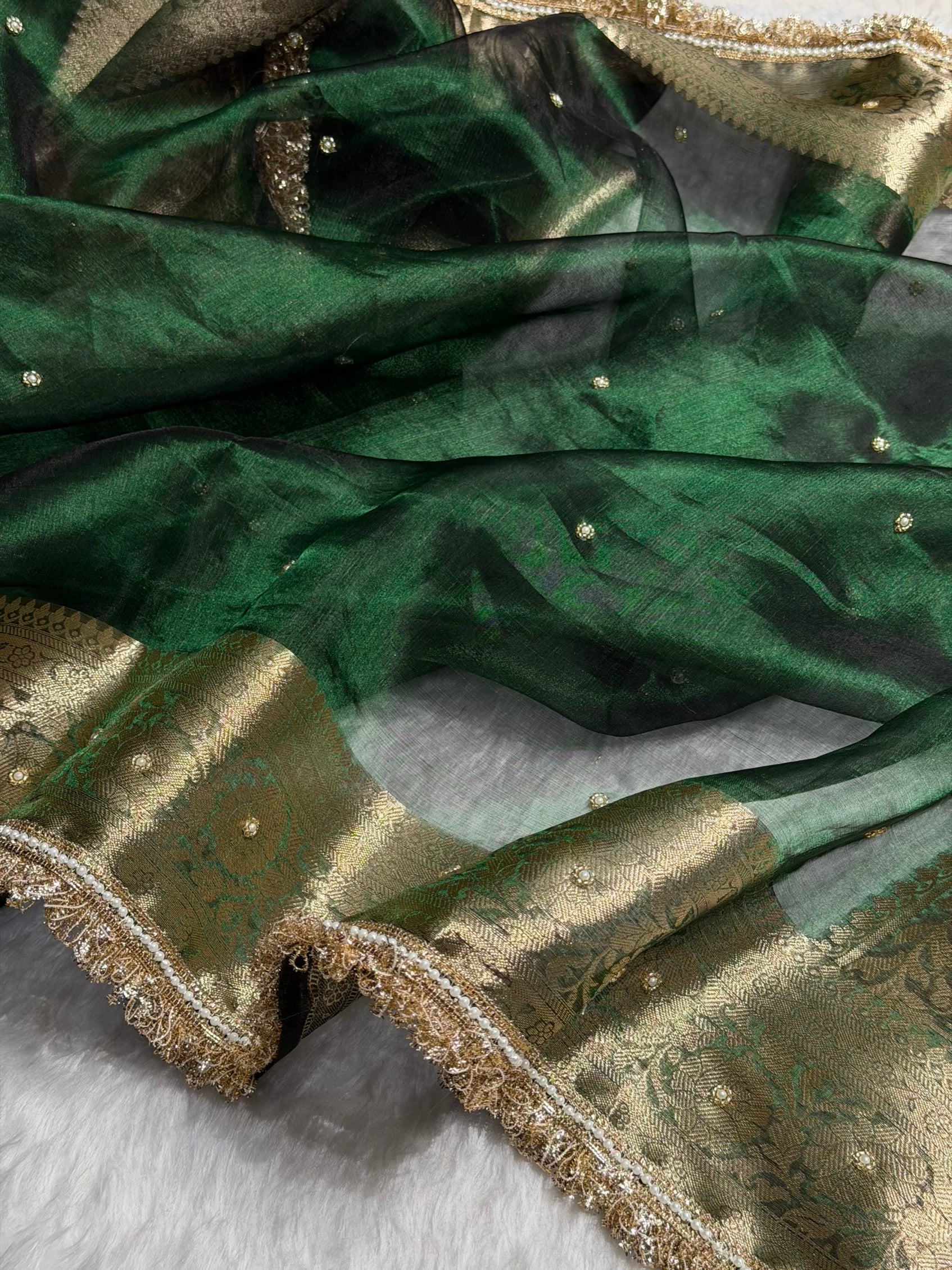 Bottle Green Shade Pure Tissue Silk Saree with Gota Patti PTGP-17