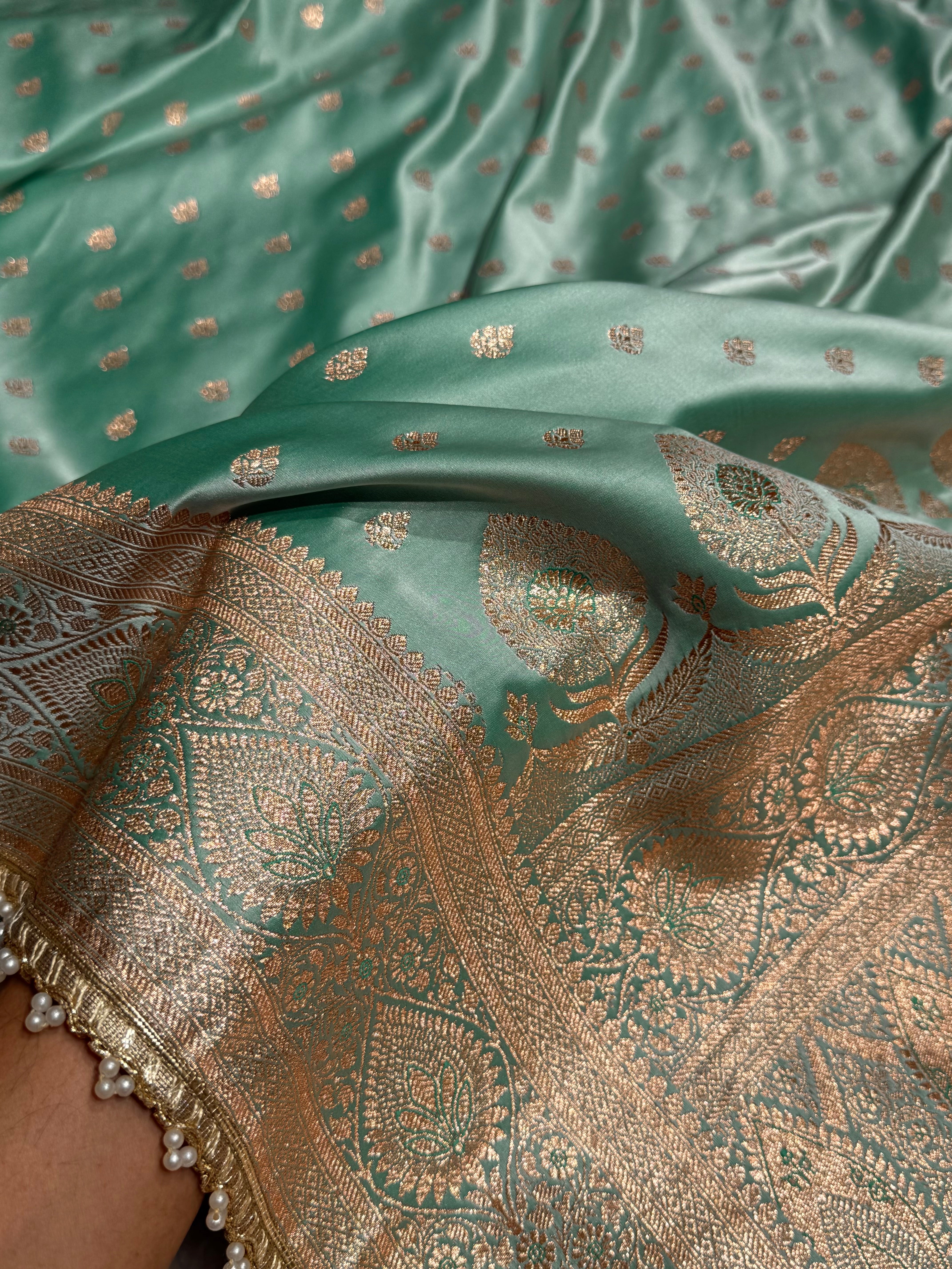 Banarasi Satin Katan Silk Saree In Pastel Sea Green Shades with gotta Patti