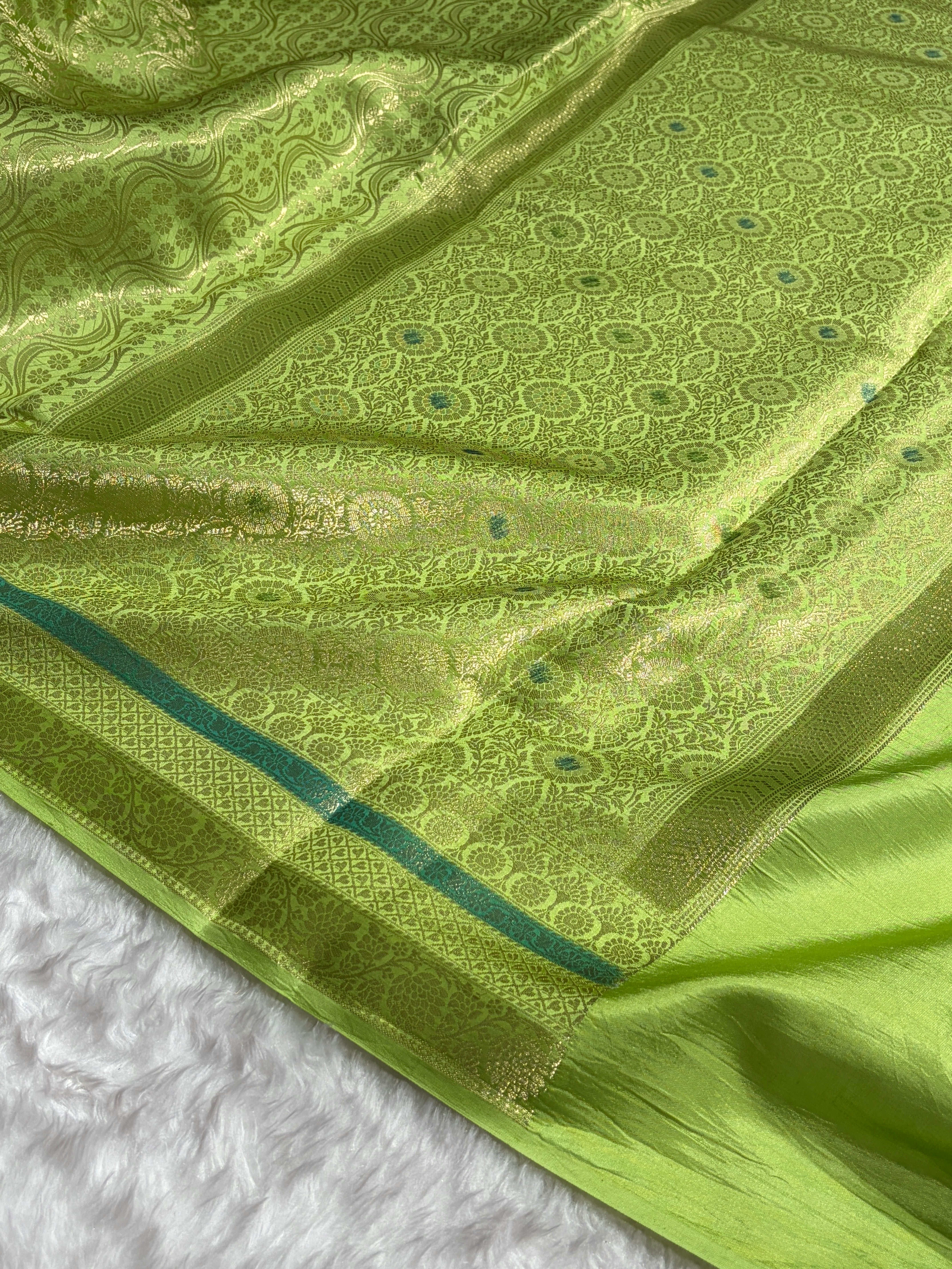 Banarasi Light Green Shade Flower Minakari Brocade Pure Caramel Mango Silk Saree CS-22