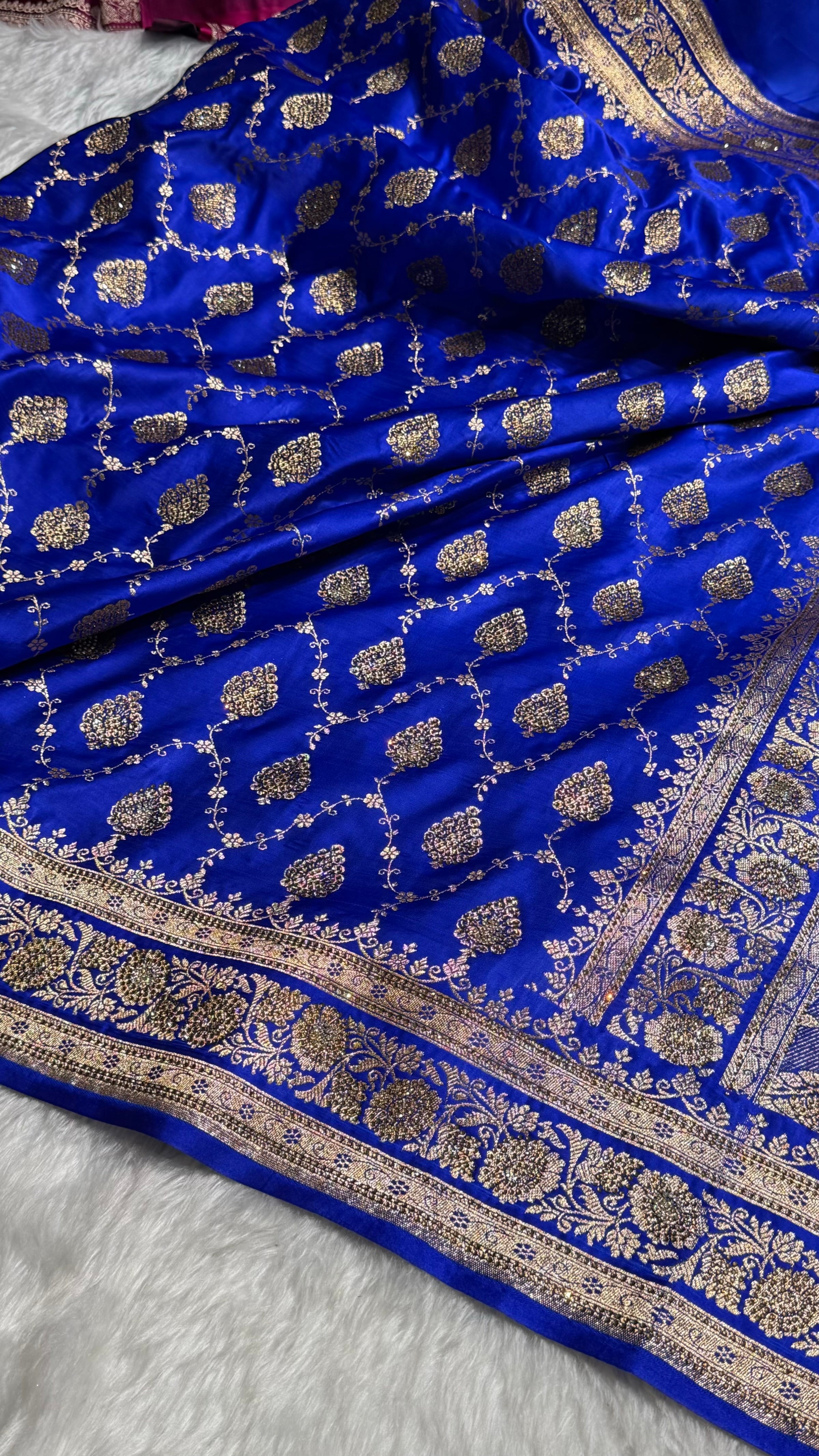 Royal Blue Floral Jaal Pattern Satin Katan Silk saree BSK42