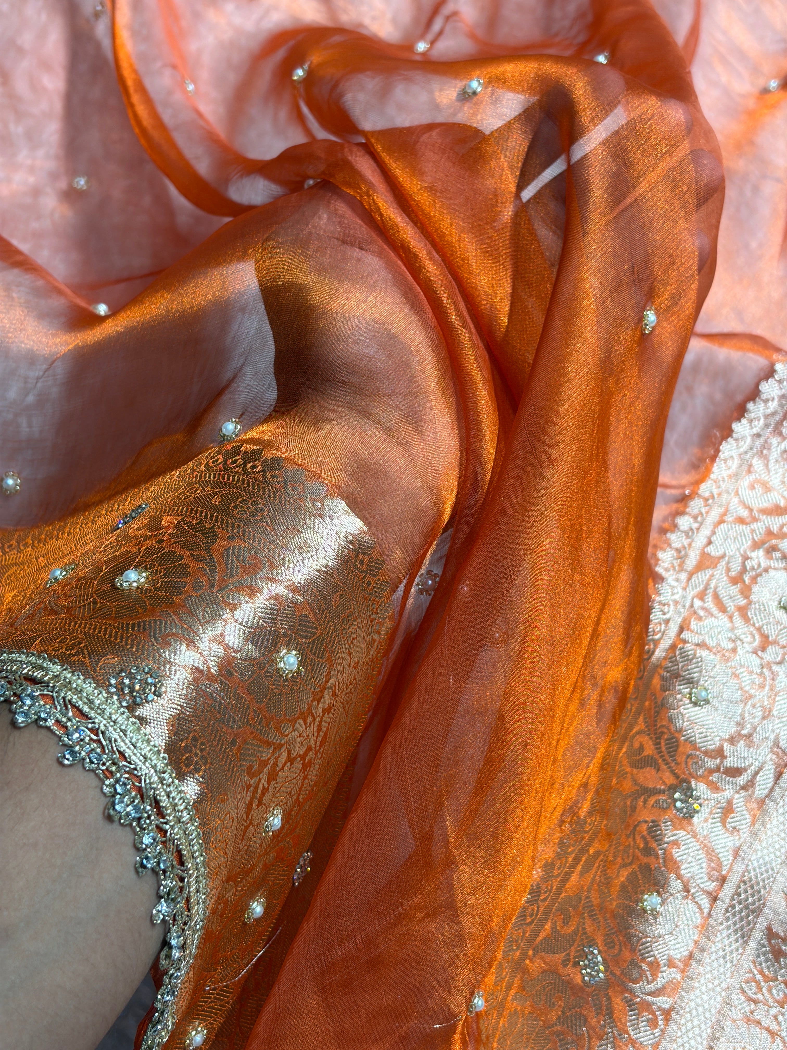 Orange Shade Pure Tissue Silk Saree Moti with Gota Patti BPTGP-18