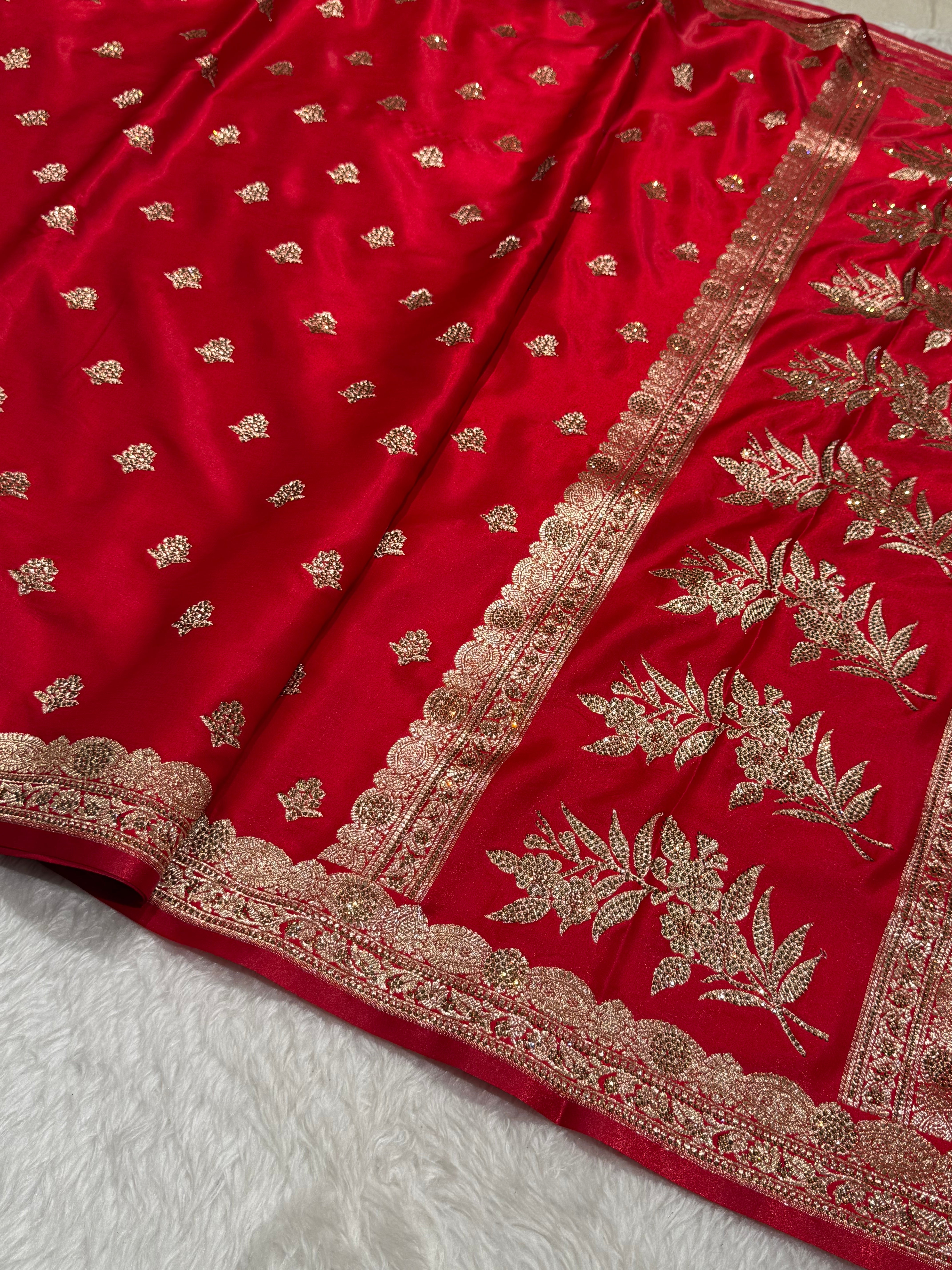 Red Boota Wih Swarovski Work With brocade blouse