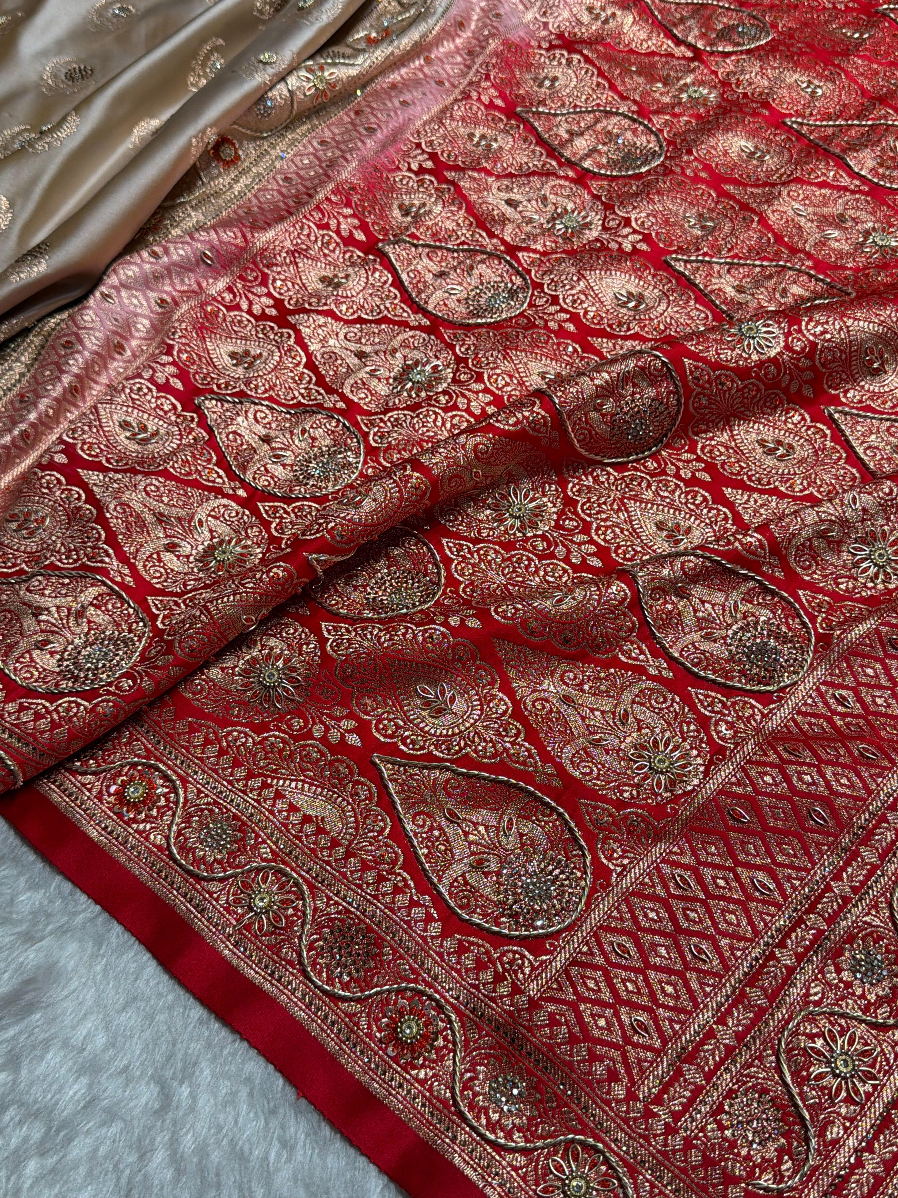 Mustard with Red Boota With Swarovski & Zardozi Work Satin Katan Silk saree BSK27