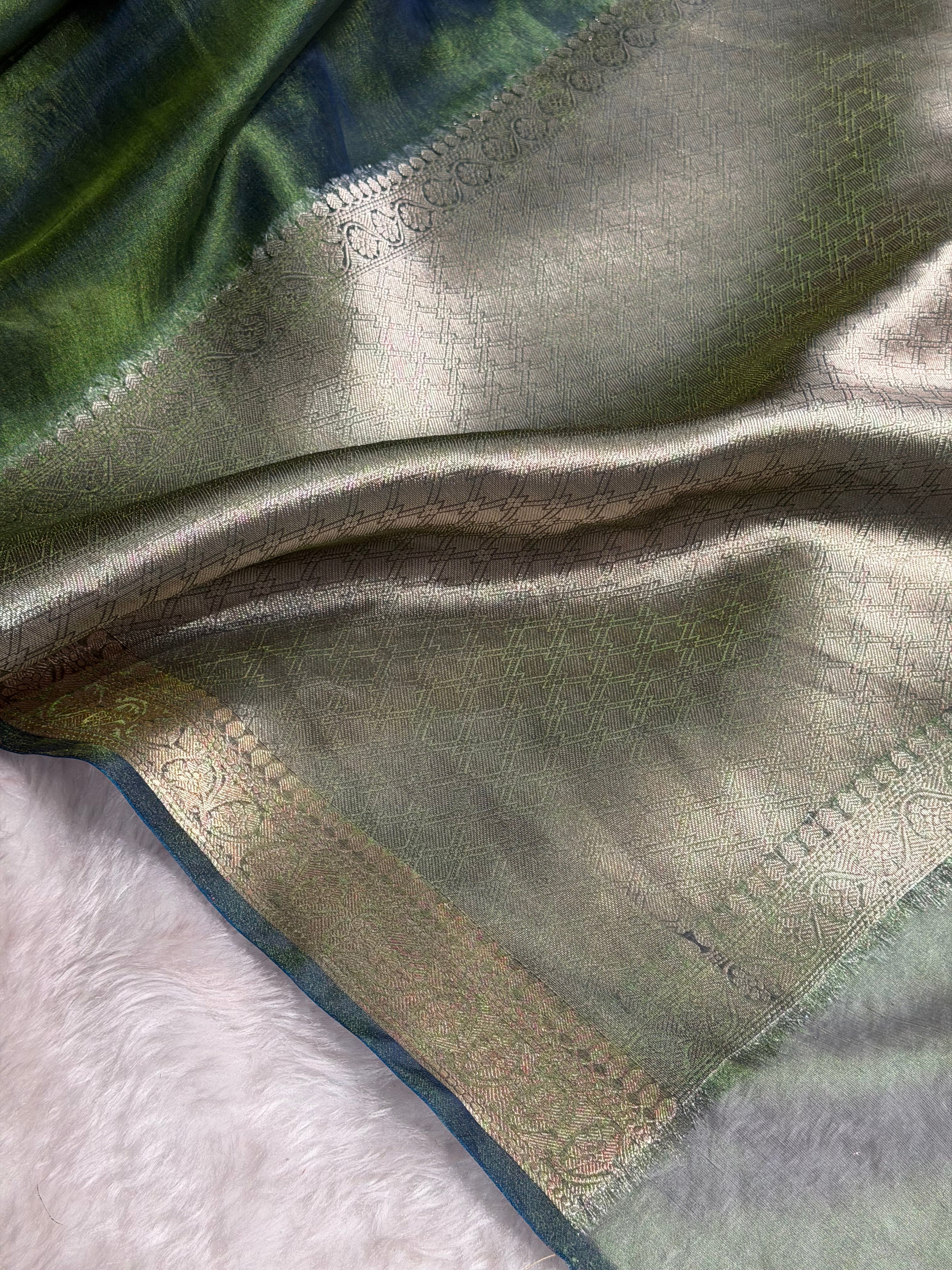 Banarasi Bottle Green Shades Pure Tissue Silk Saree with Brocade Blouse PT-09