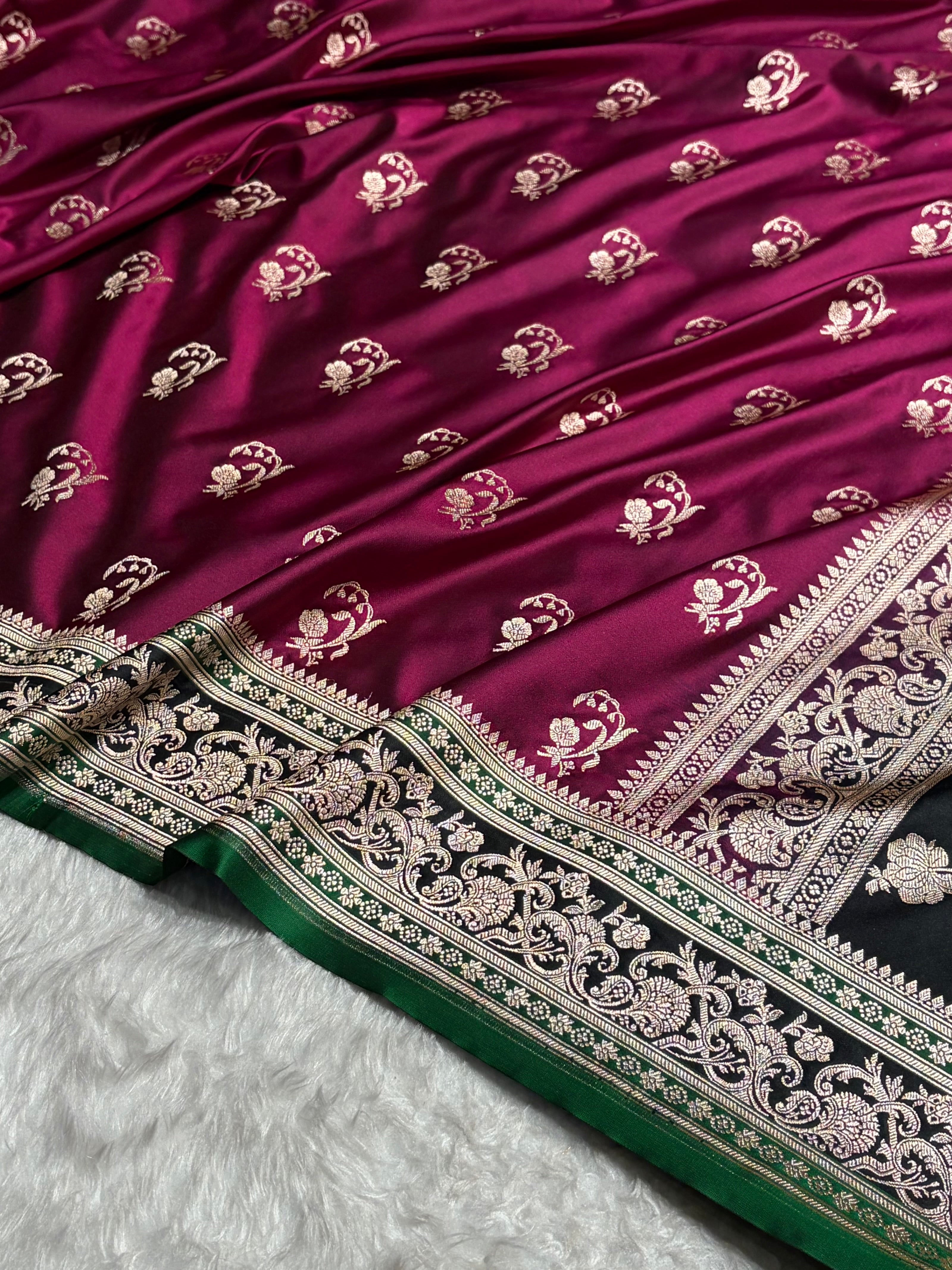 Banarasi Cross Wine With Contrast Black Floral Border Mashru Silk Saree MSM-100