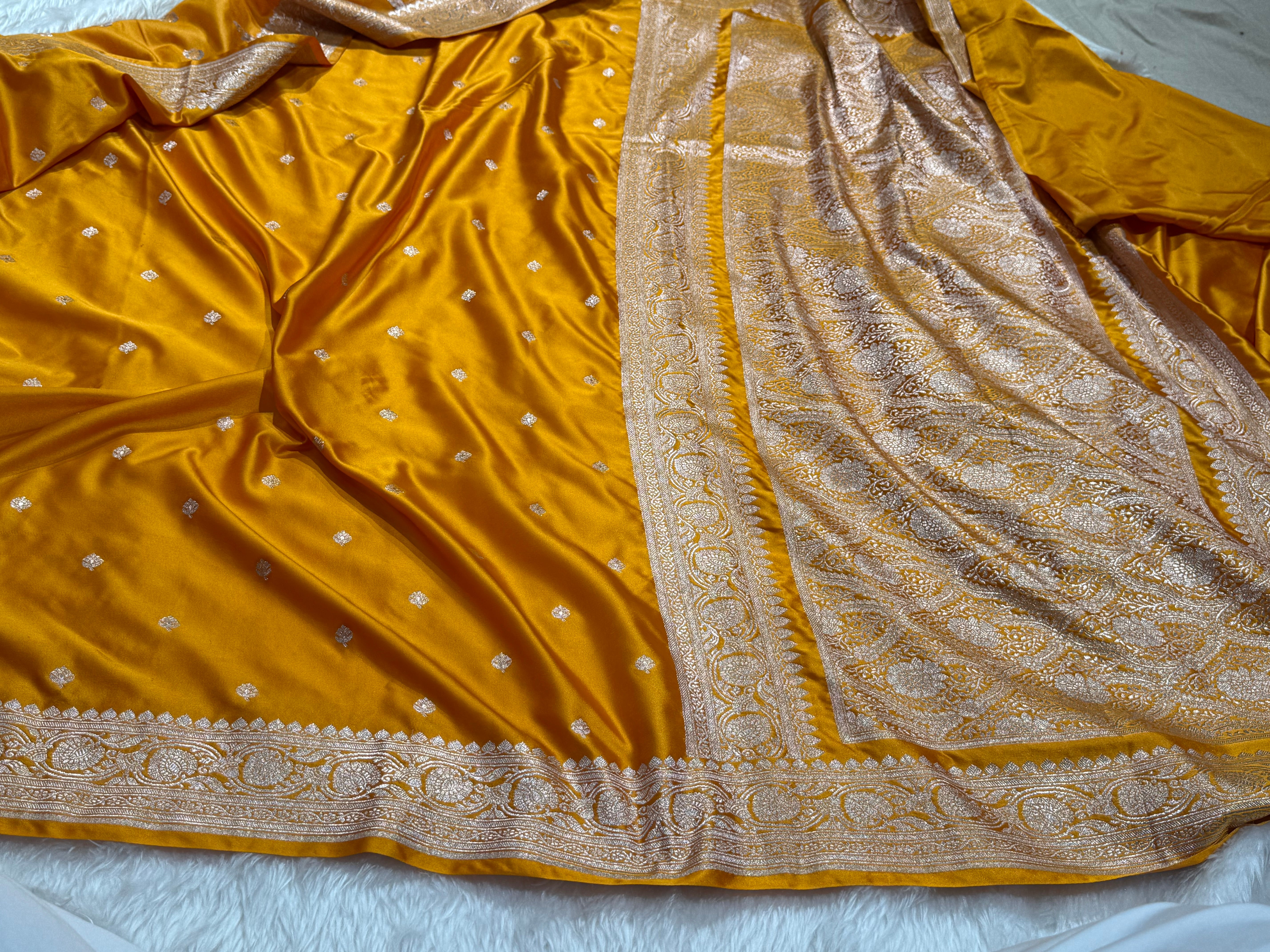 Banarasi Booti Motif In Mustard Mashru Silk Saree