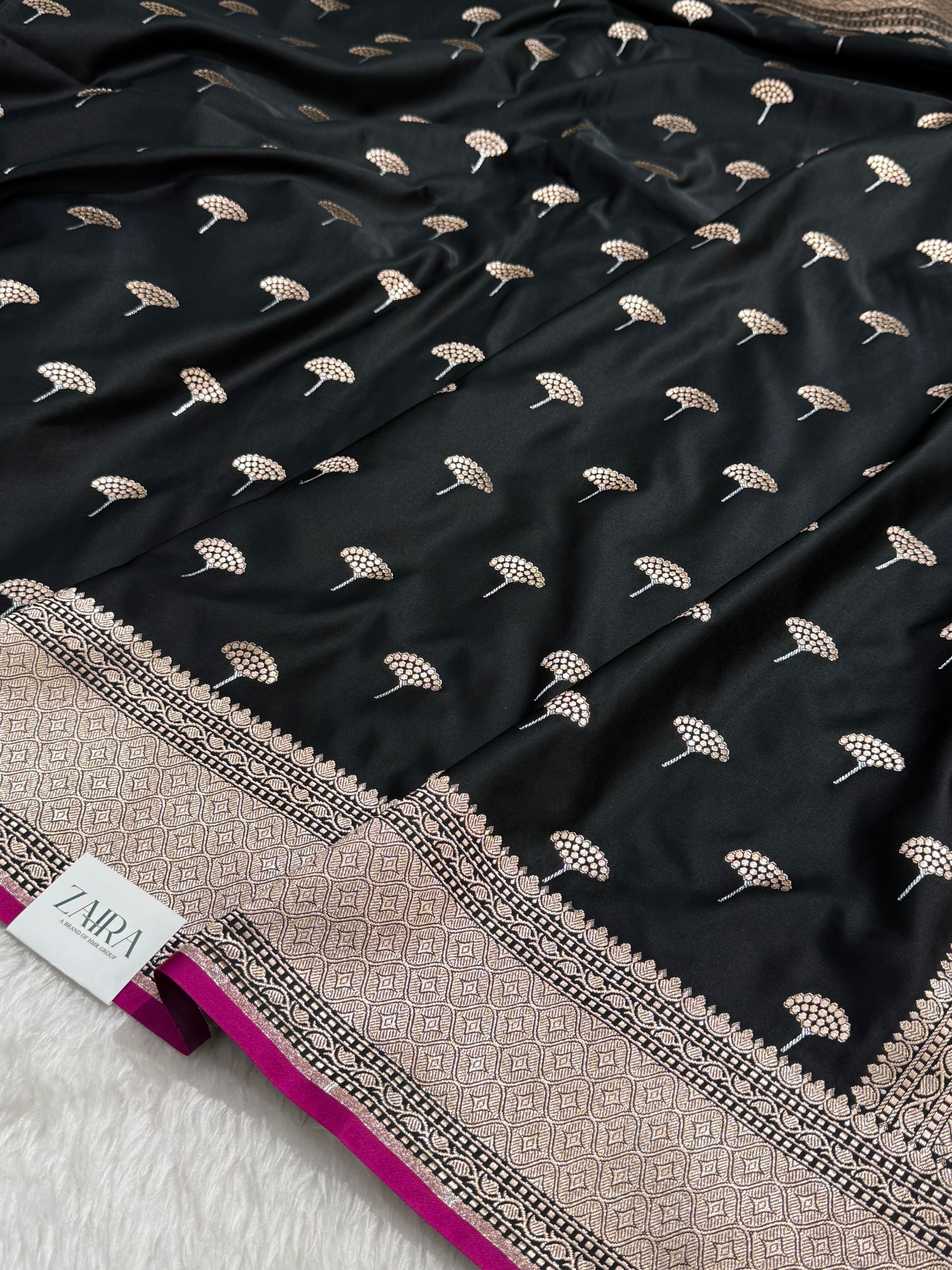 Black Sona Rupa floral Motif Mashru Silk Saree