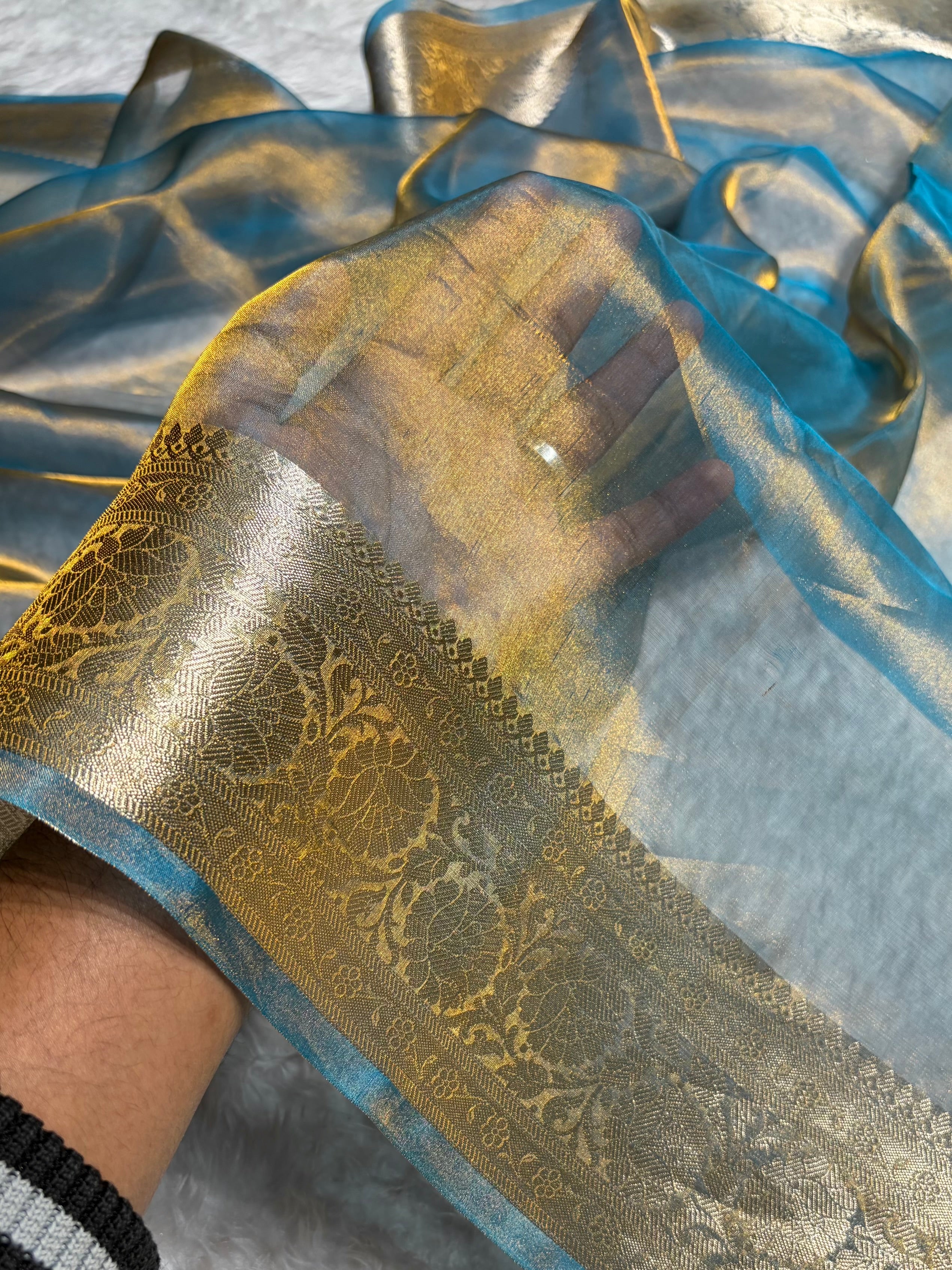 Goldish Firozi Shades Banarasi Pure Tissue Silk Saree with Brocade Blouse PT-18