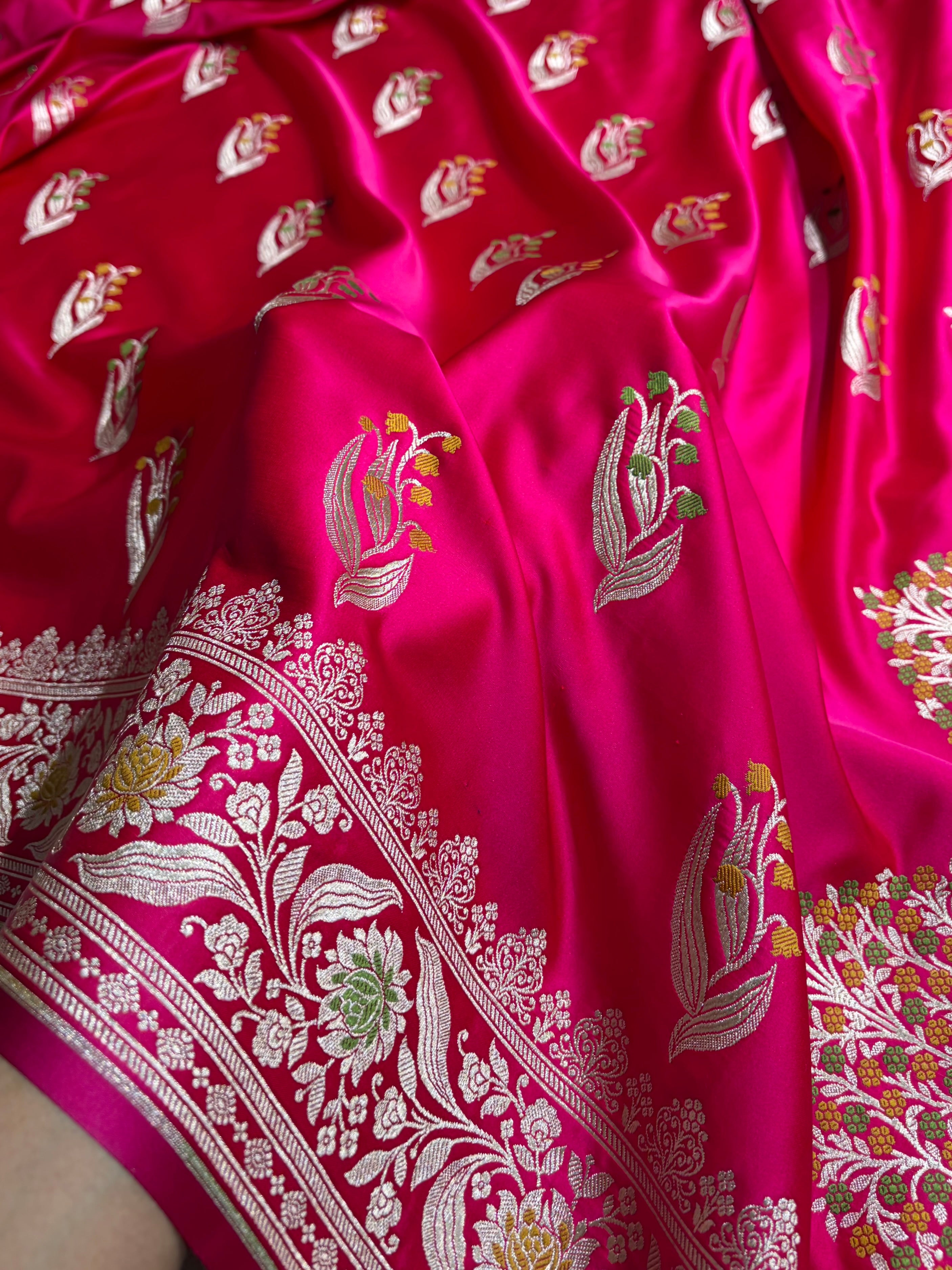 Cross Rani Shades Banarasi Boota Pattern Minakari Floral Mashru Silk Saree MSM-121