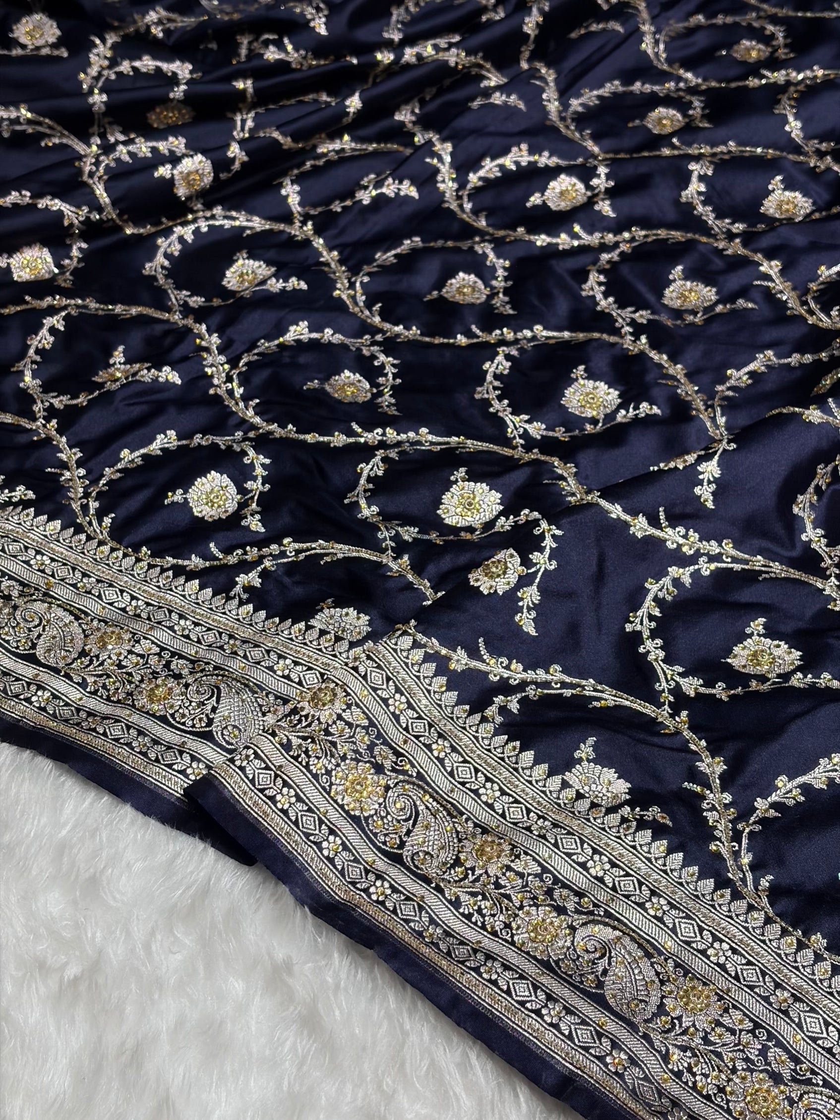 Banarasi Navy Blue Shades Jaal Mashru Silk Saree With Ari Stone Work BMS44