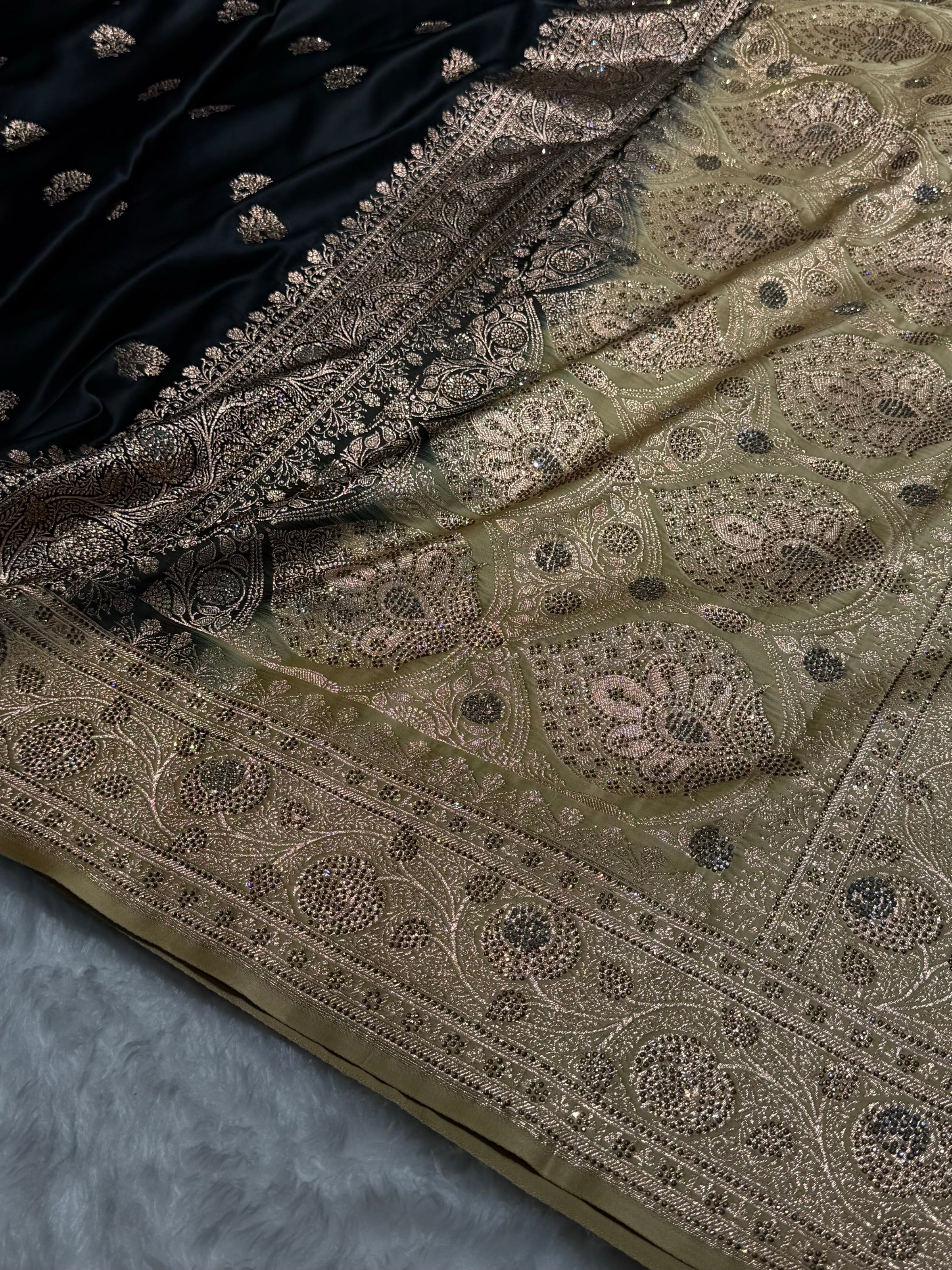 Black - Cream Banarasi Boota With Swarovski Katan Silk Saree BSKM29