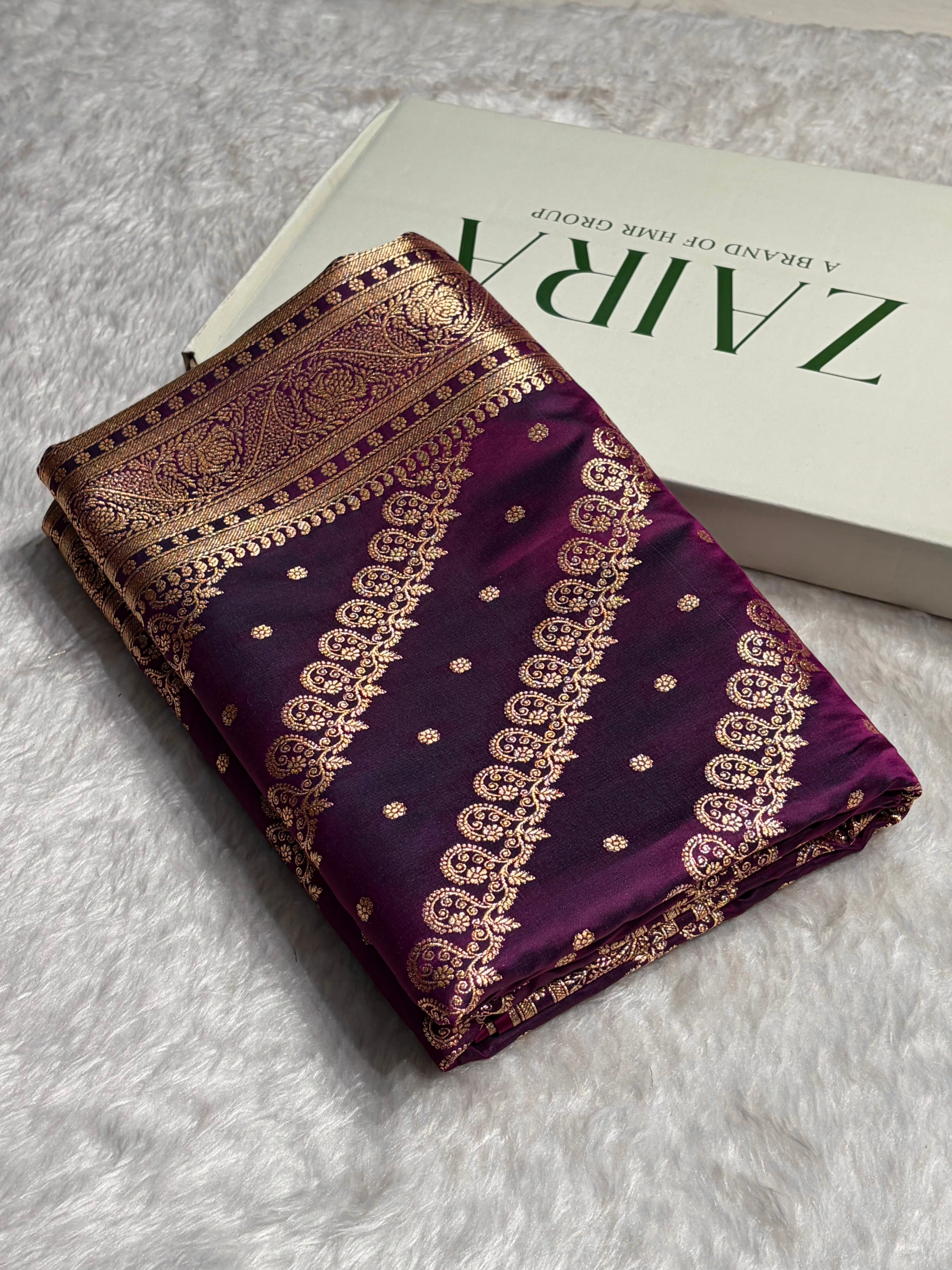 Wine Shades Cross Floral Pattern Satin Katan Silk Saree SK79