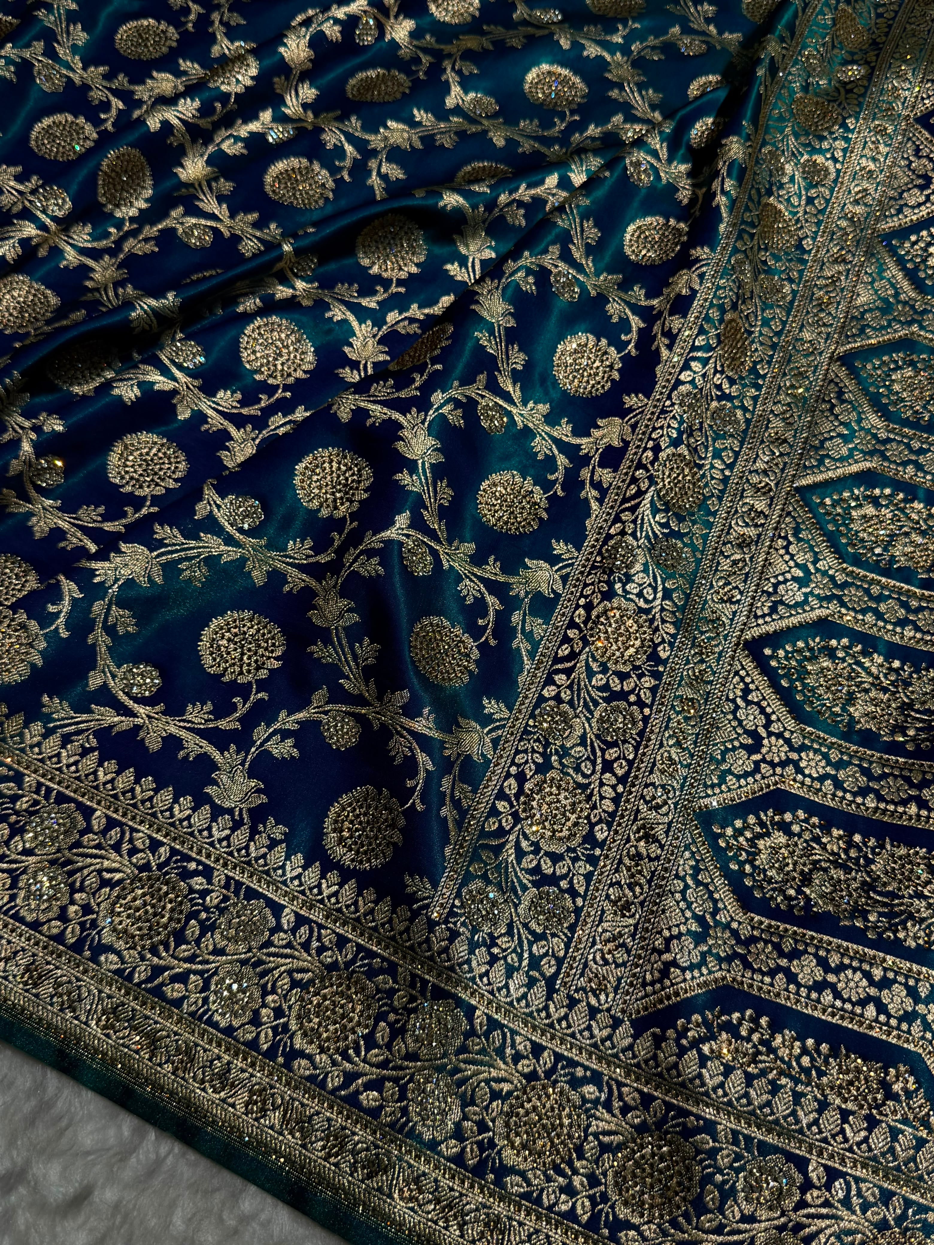 Peacock With Swarovski Stone Work Jaal Pattern Satin Silk Saree BSS15