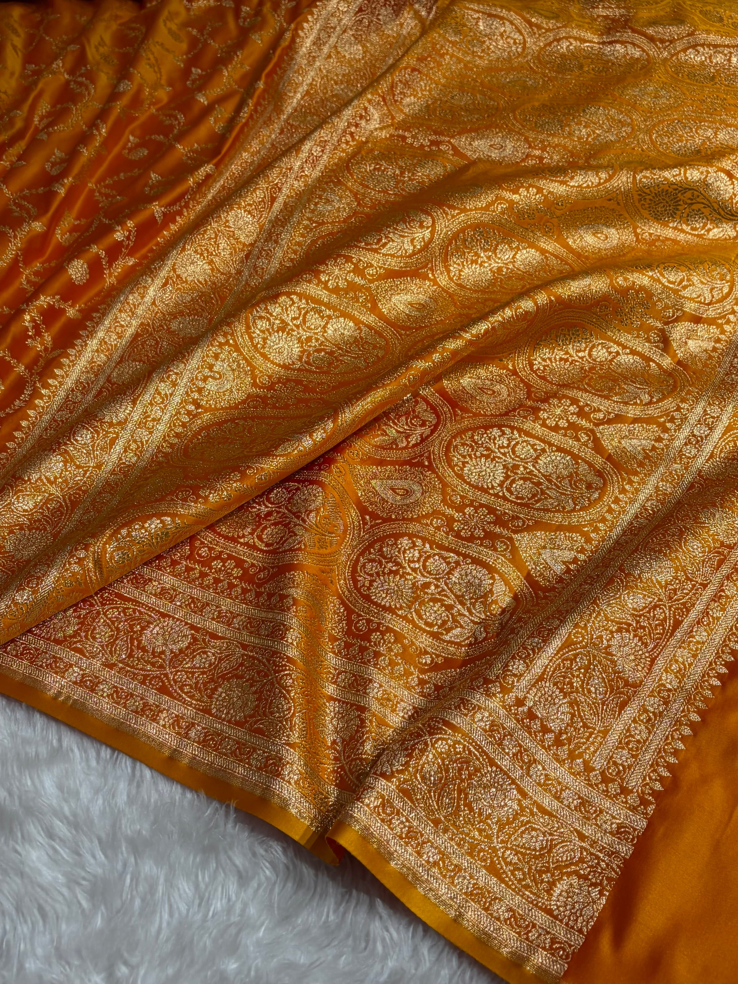 Banarasi Fanta Orange Floral Jaal Pattern Satin Katan Silk saree SK55