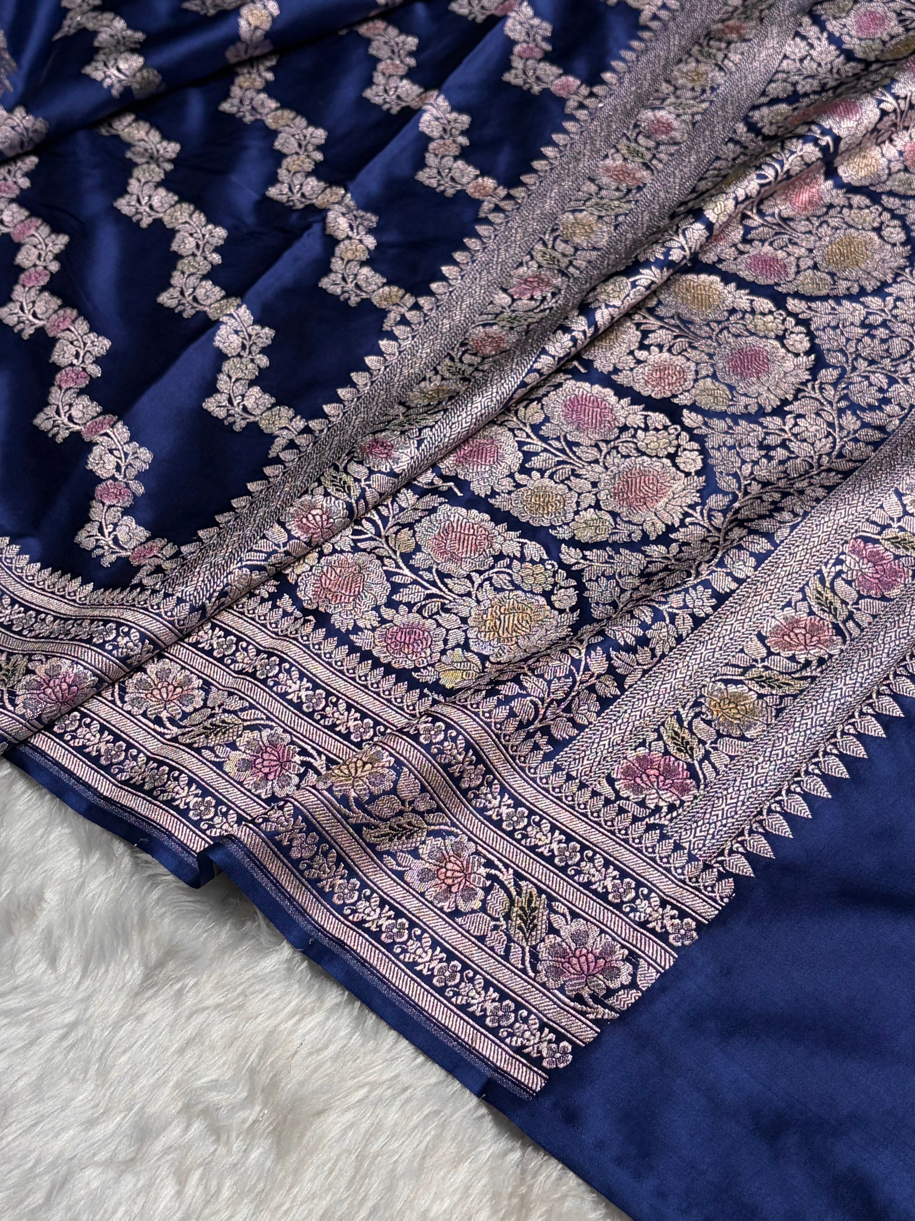 Royal Blue Shades Banarasi Minakari Mashru Silk Saree With Cross Pattern MS02
