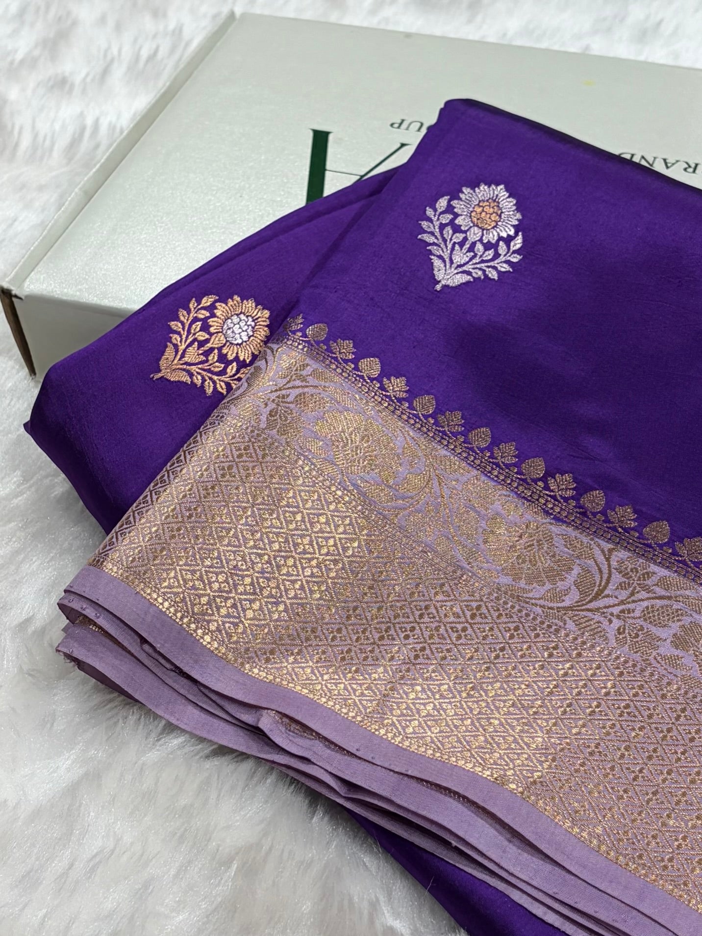 Banarasi Purple With Contrast Lavender Border & Meenakari Boota Handwoven Pure Katan Paper Silk RM-74