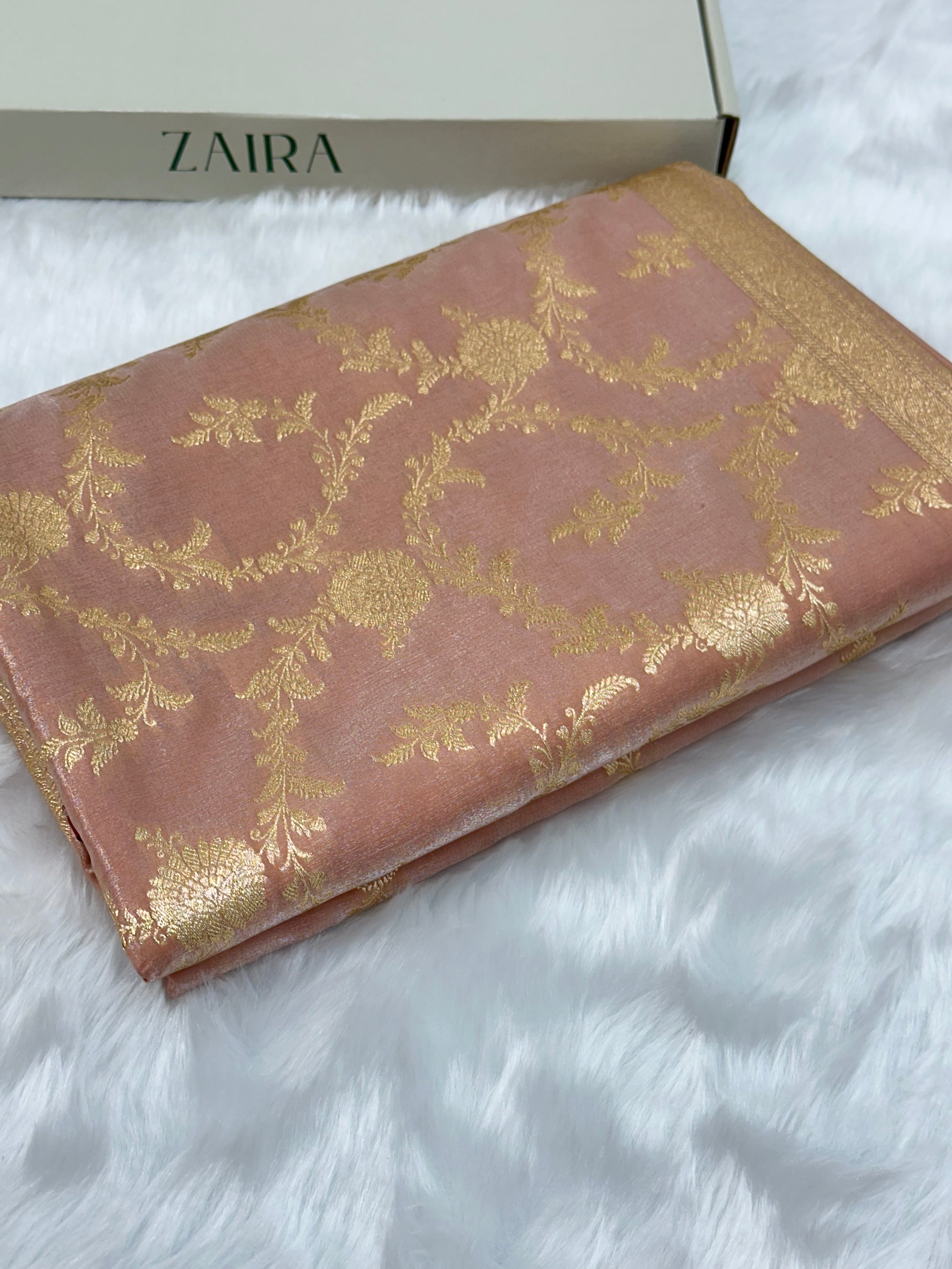 Dusty Peach Shades Satin Silk Jaal Pattern Banarasi Saree