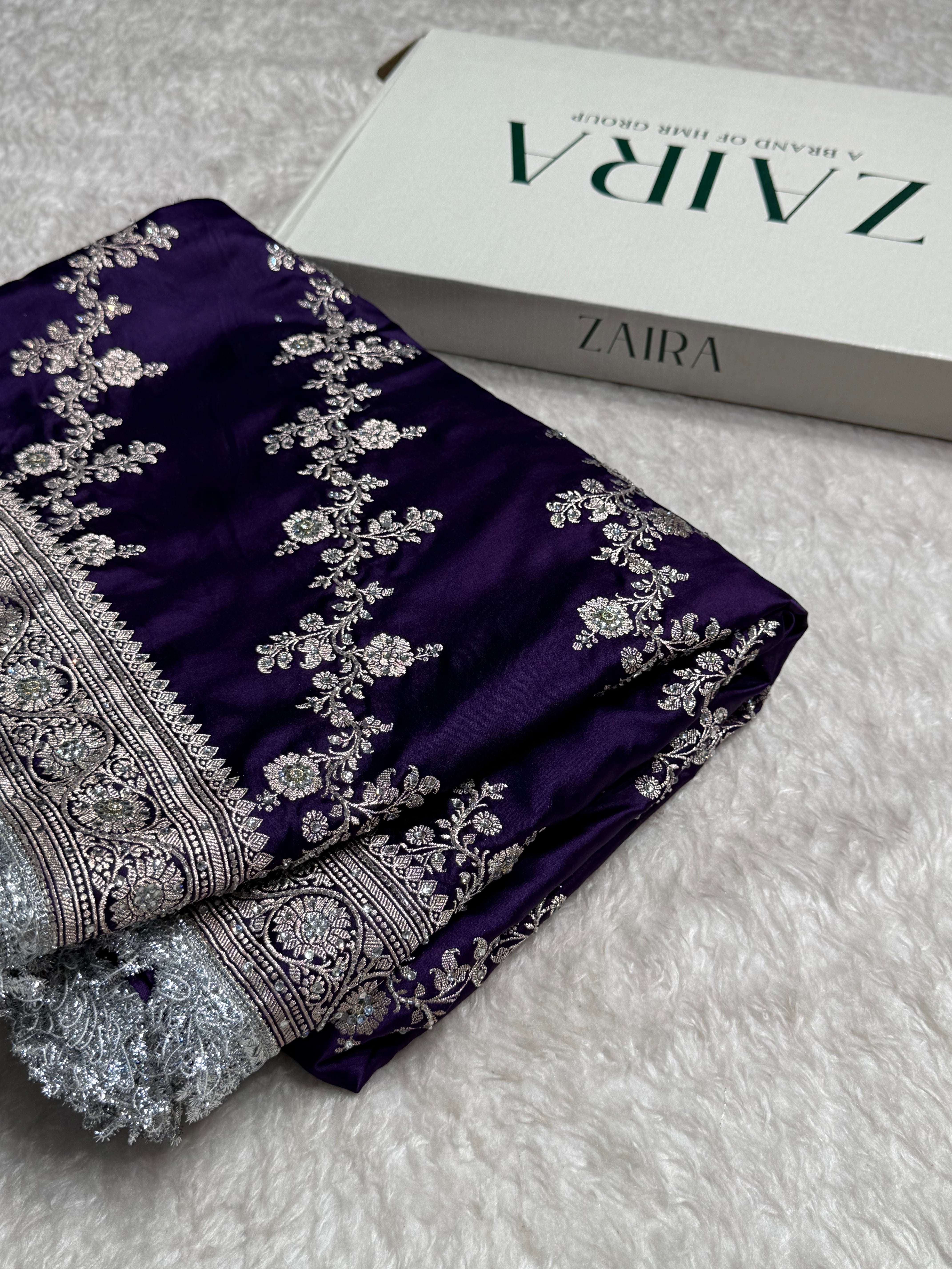 Purple shade Mashru Silk with Ari and stone work with Silver Gotta Patti