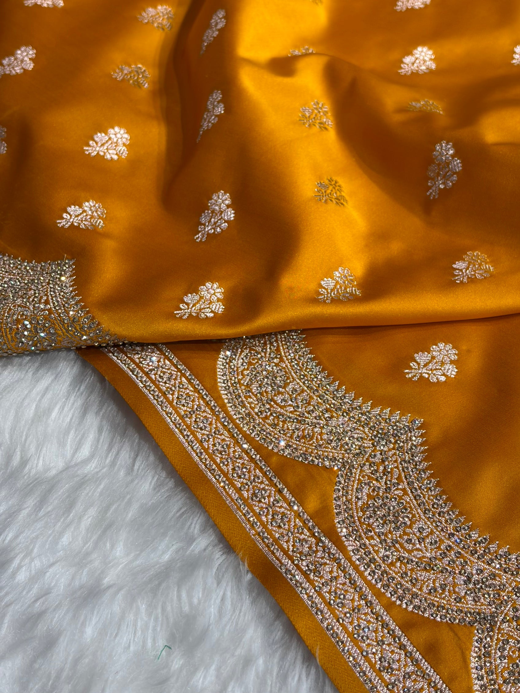 Banarasi Mustard Scallop Mashru Silk with White Stone Swarovski work BMS02