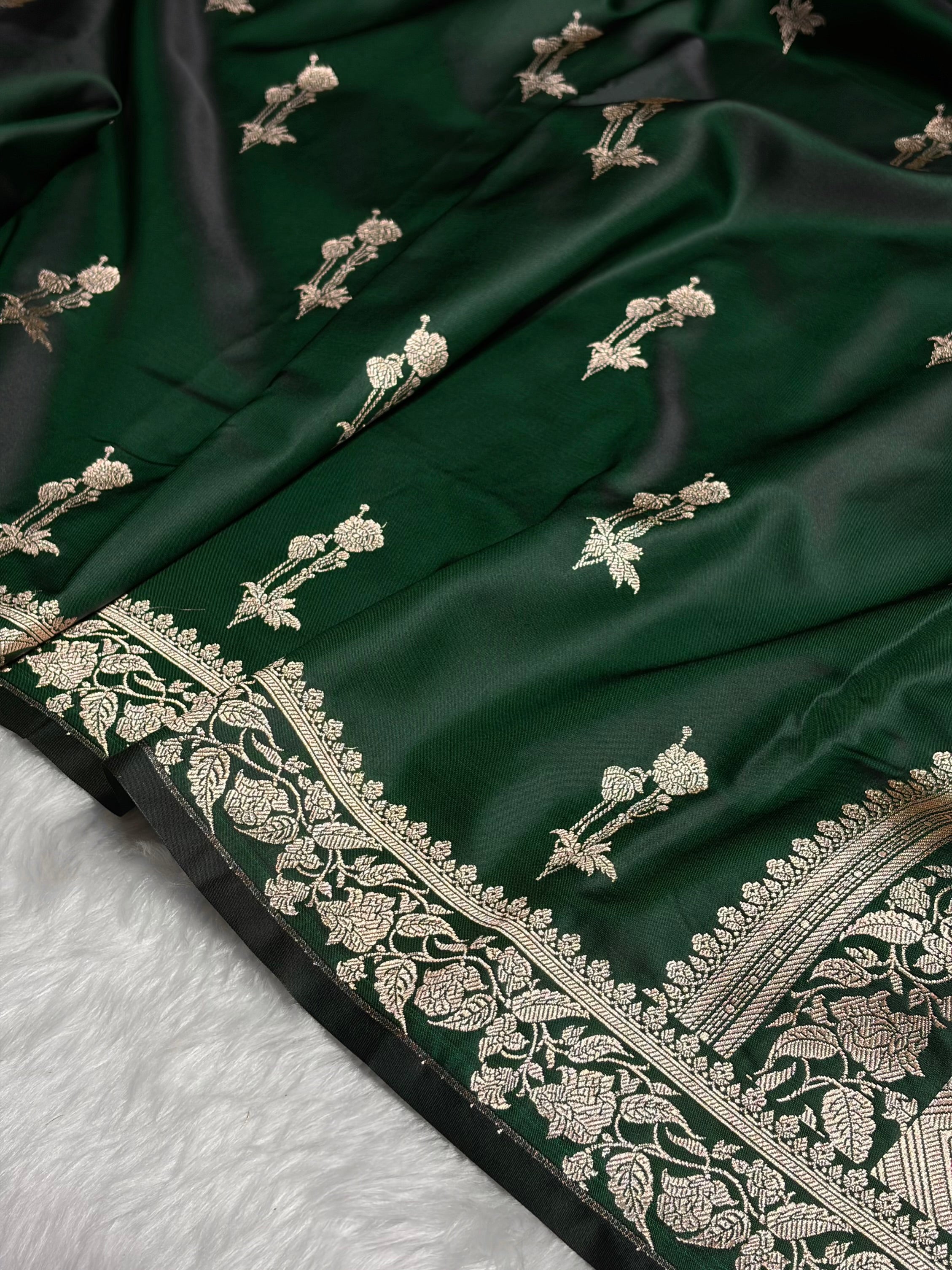 Dark Bottle Green Boota With Floral Border Mashru Silk Saree MSM-92