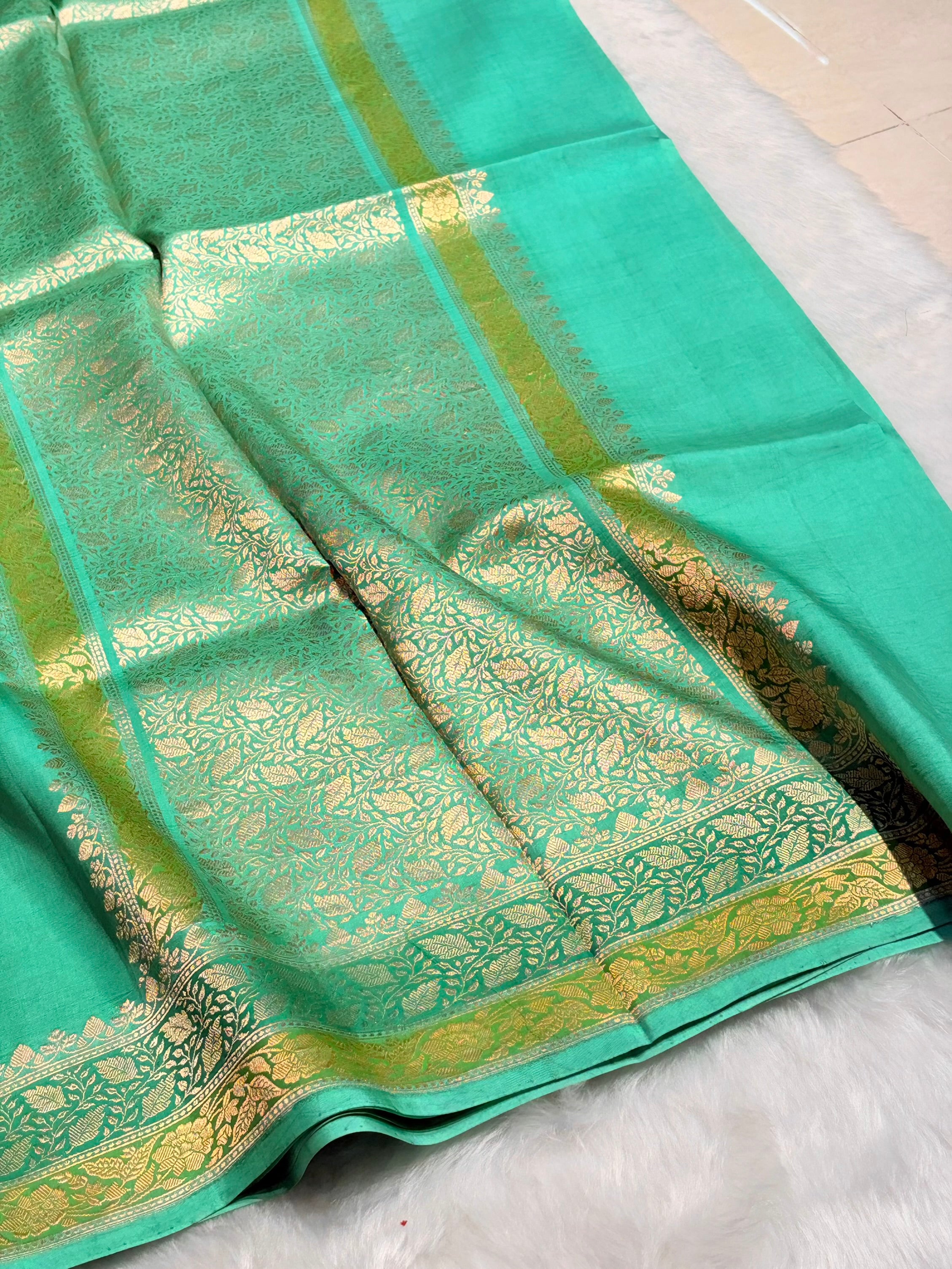 Sea Green Shades Meena Boota Handwoven Pure Katan Raw Mango Silk RM-36