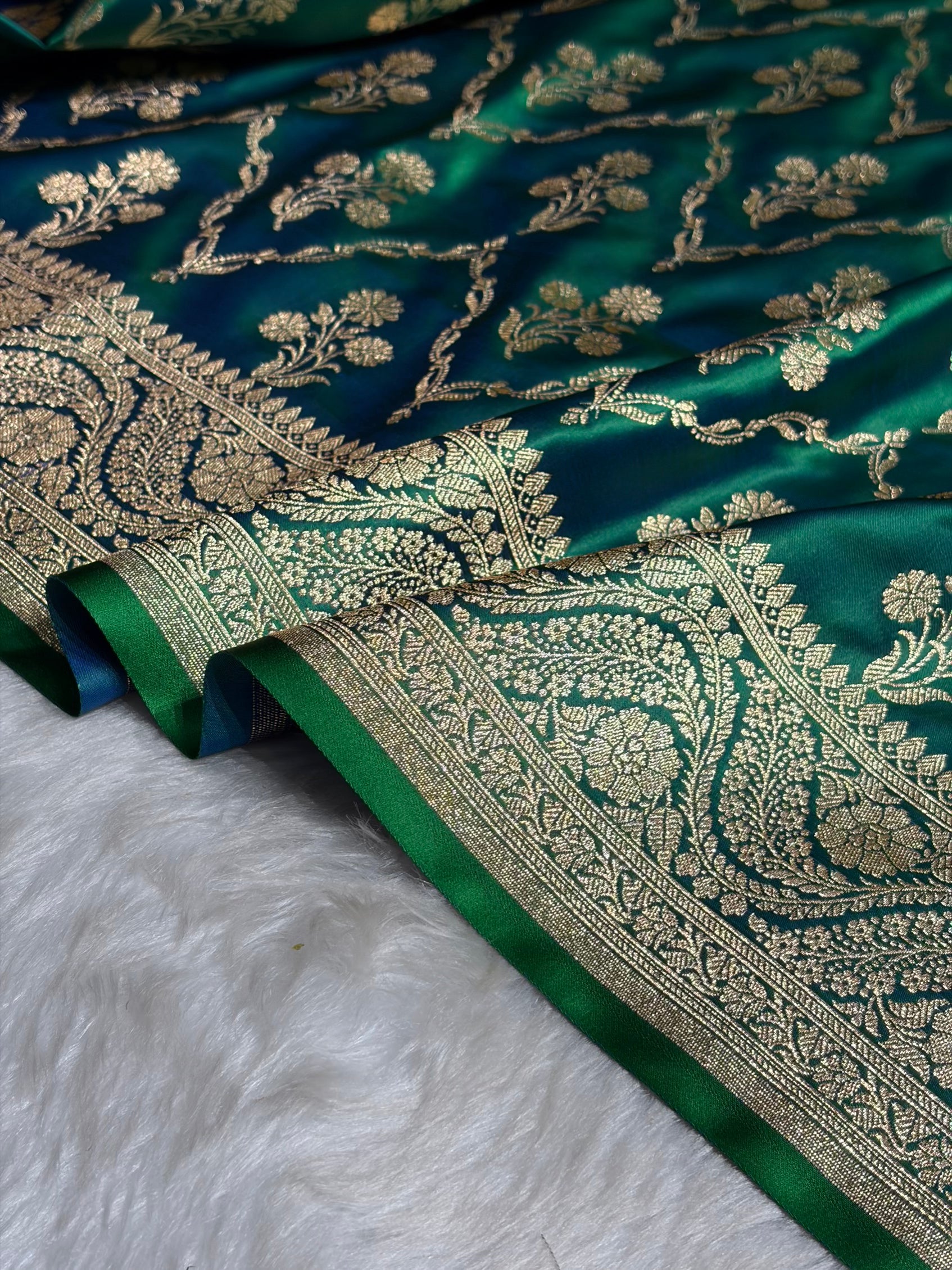 Green Cross with Boota Pattern Satin Katan Silk Saree SK67