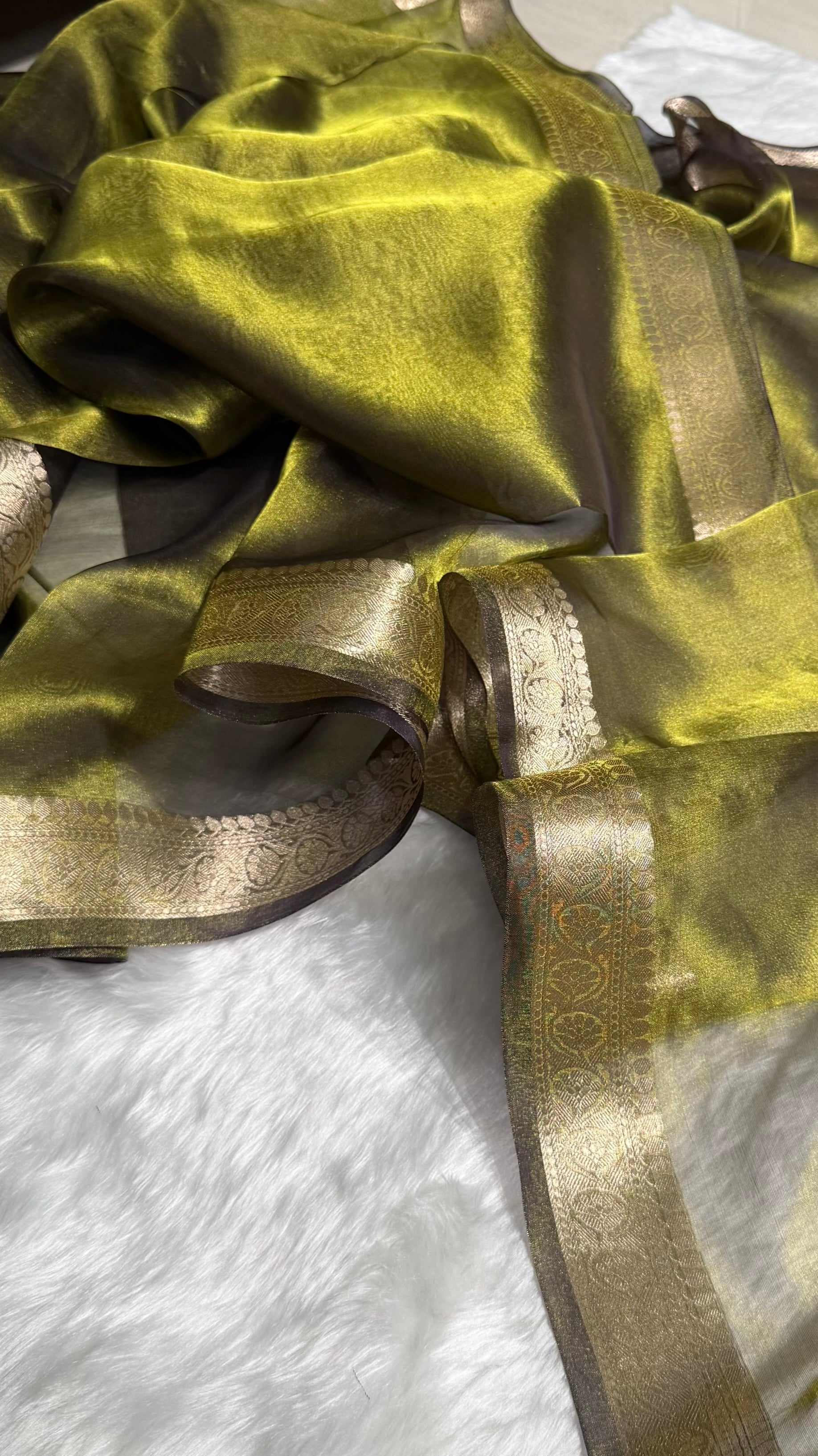 Dark Mehendi Shades Pure Tissue Silk Saree with Brocade Blouse PT-09