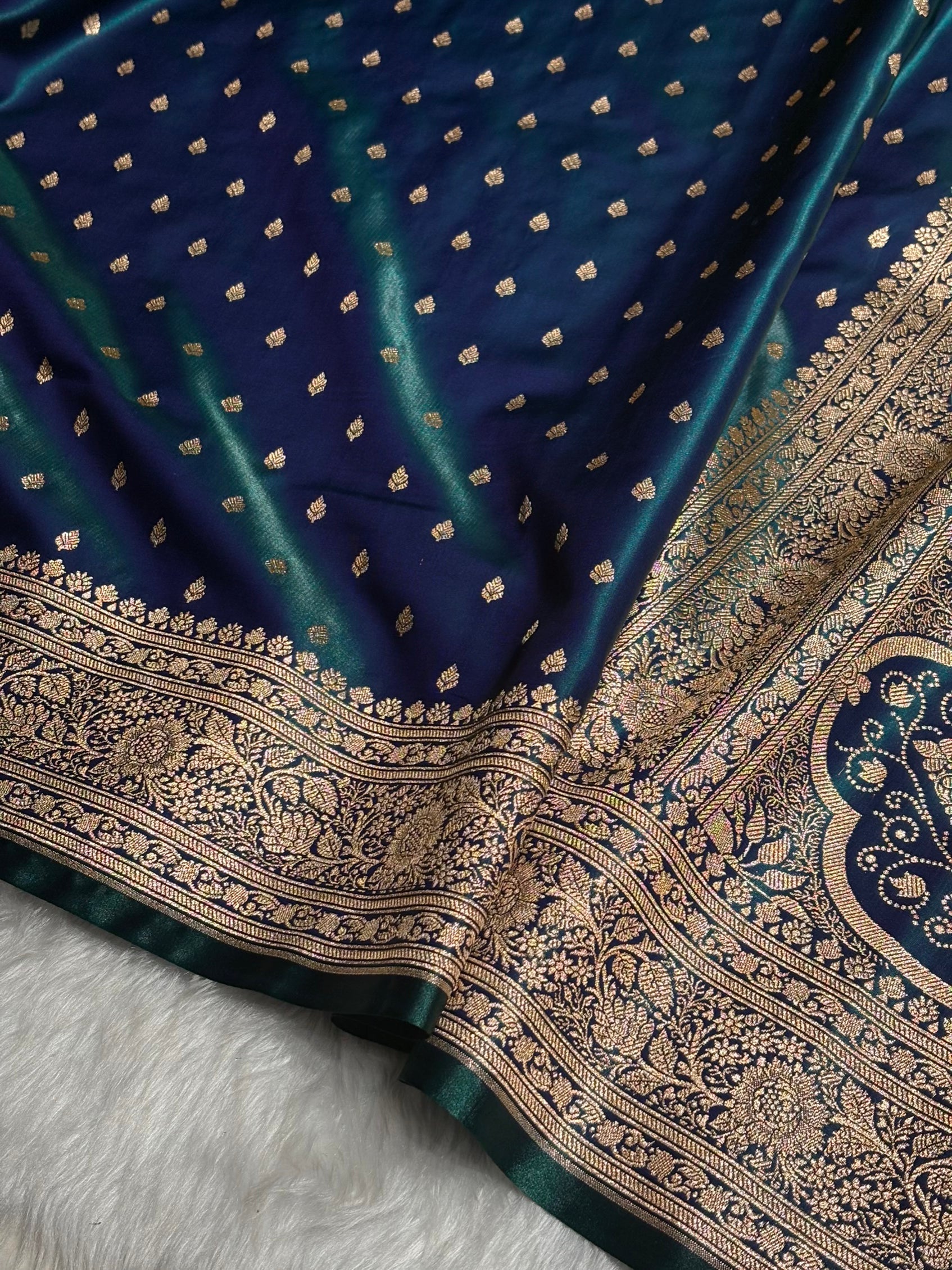 Ultra Light Weight Satin Silk Booti in Peacock Shades SS06