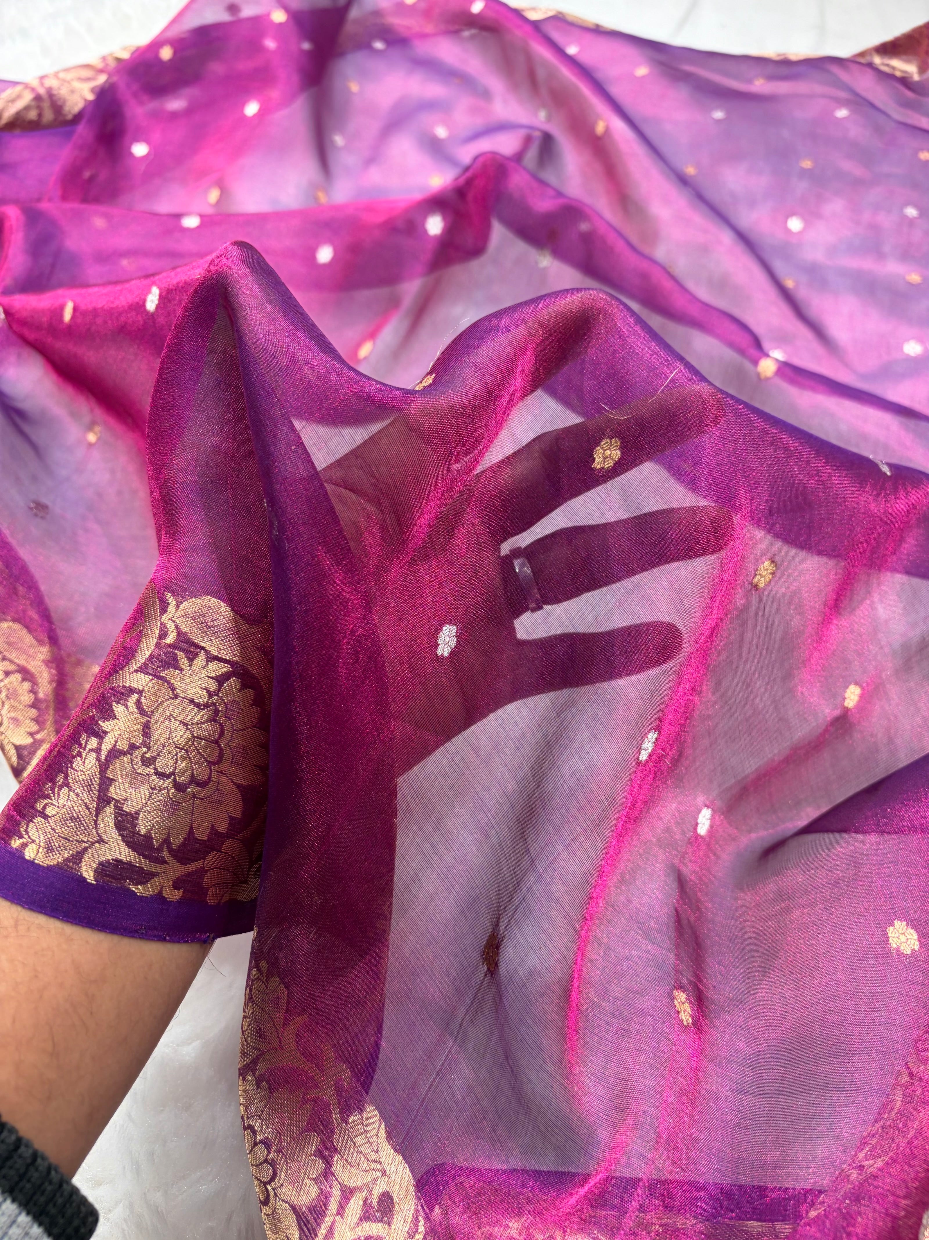 Cross Wine Bananasi Floral Shades Pure Tissue Silk Saree PT-42