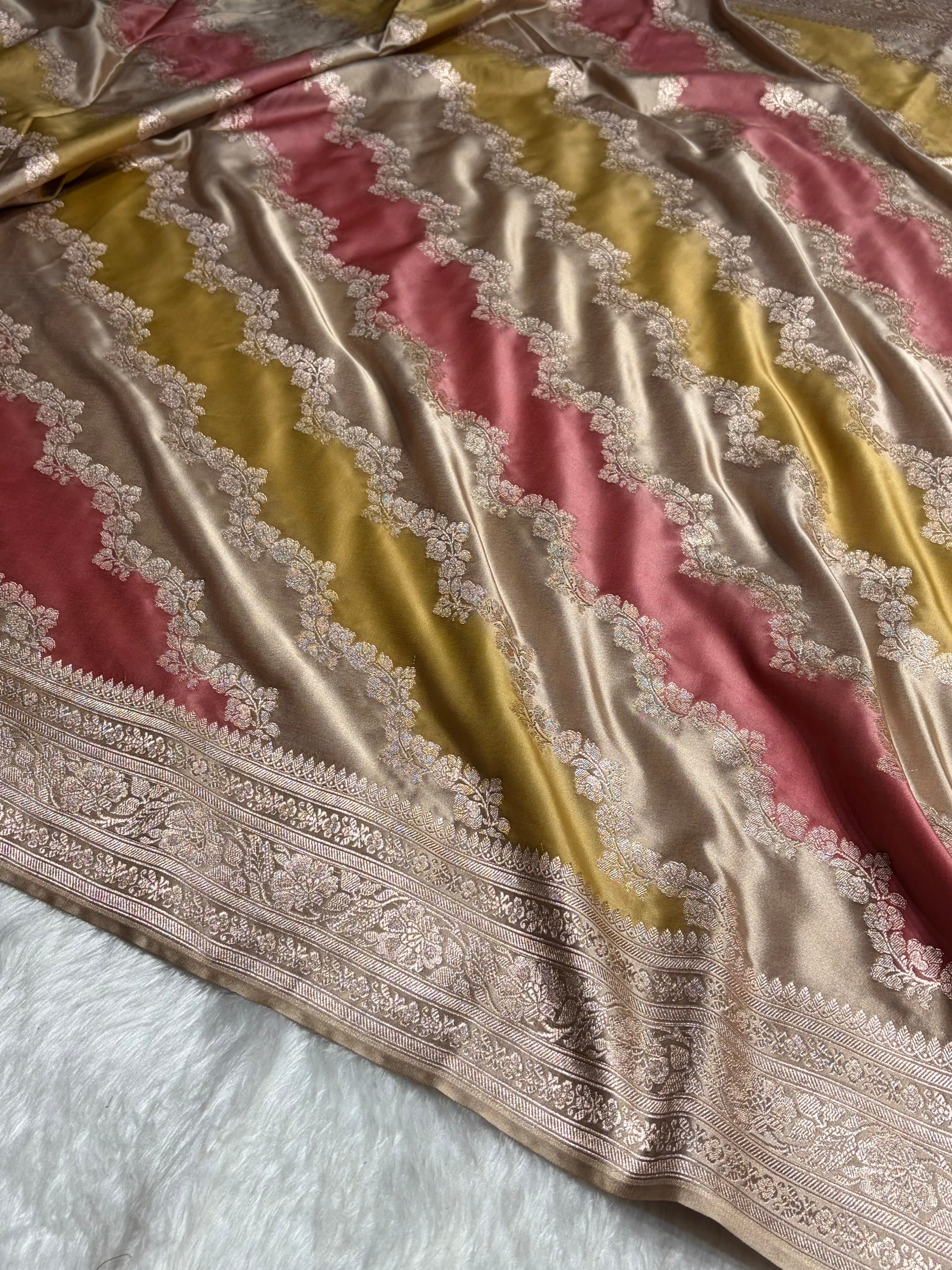 Light Beige Cross Rangkat Mashru Silk Saree With Cross Pattern MS02