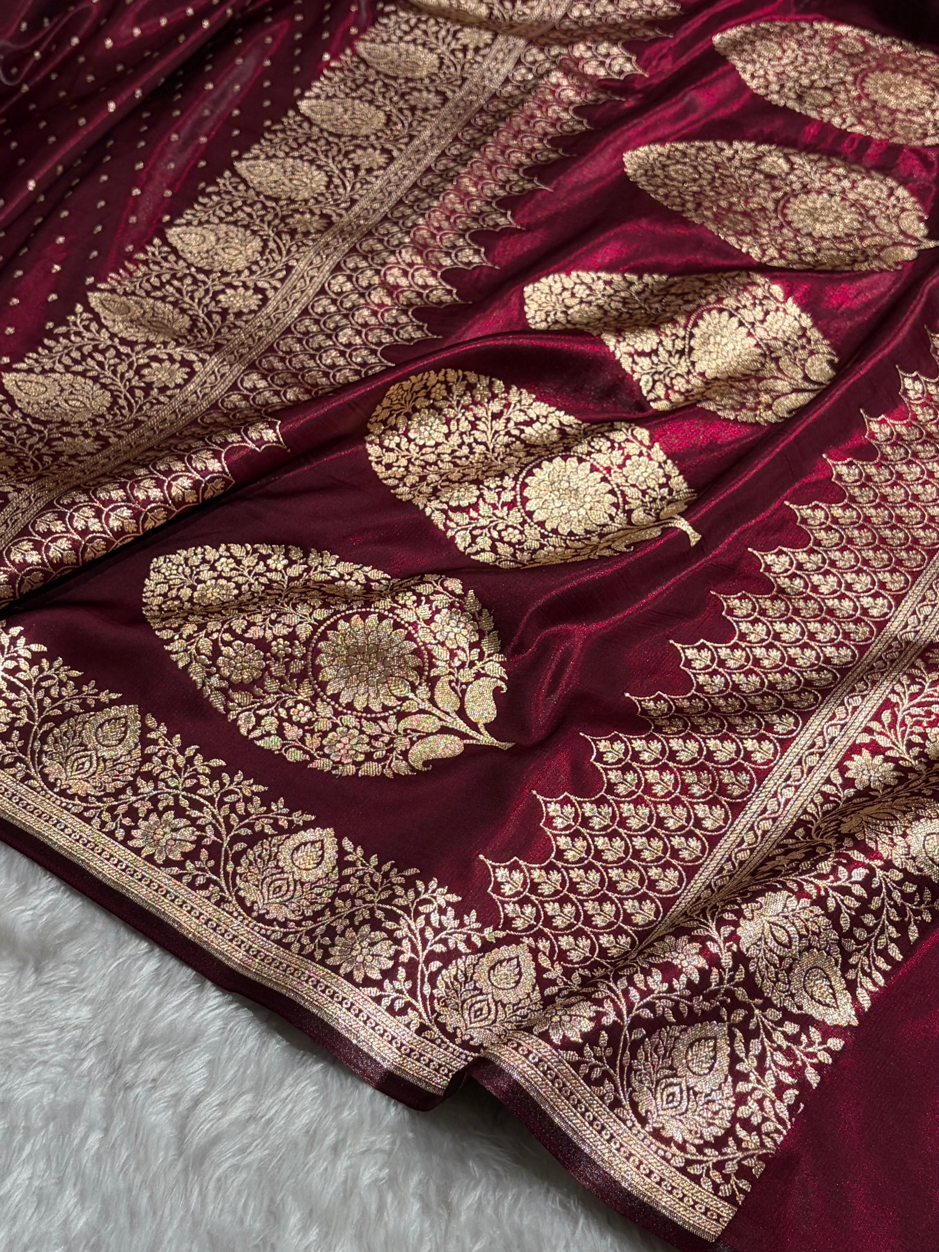 Satin Silk Saree Floral Boota in Garnet Shades SS28