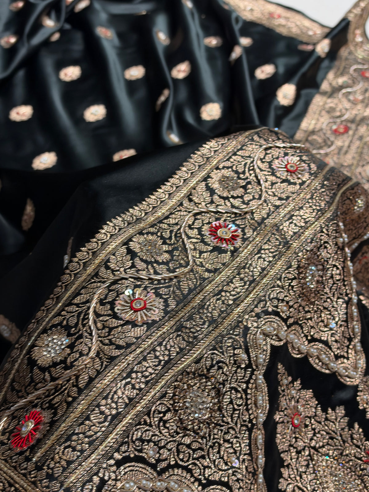 Bridal Black Banarasi Satin Katan Saree With Ari & Zardozi Work Boota BSK65