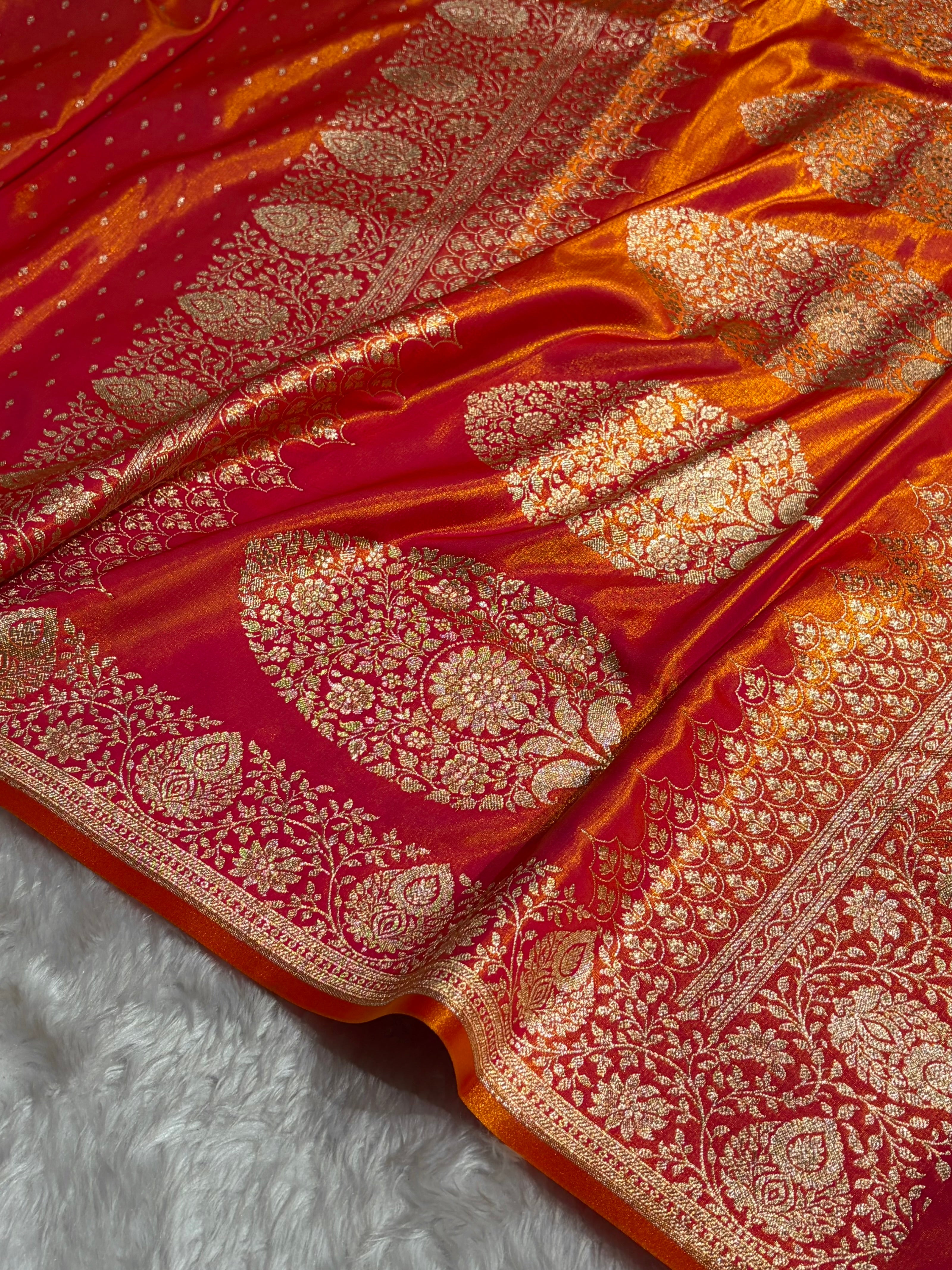 Satin Silk Saree Floral Boota in Pinkish Orange Shades SS28