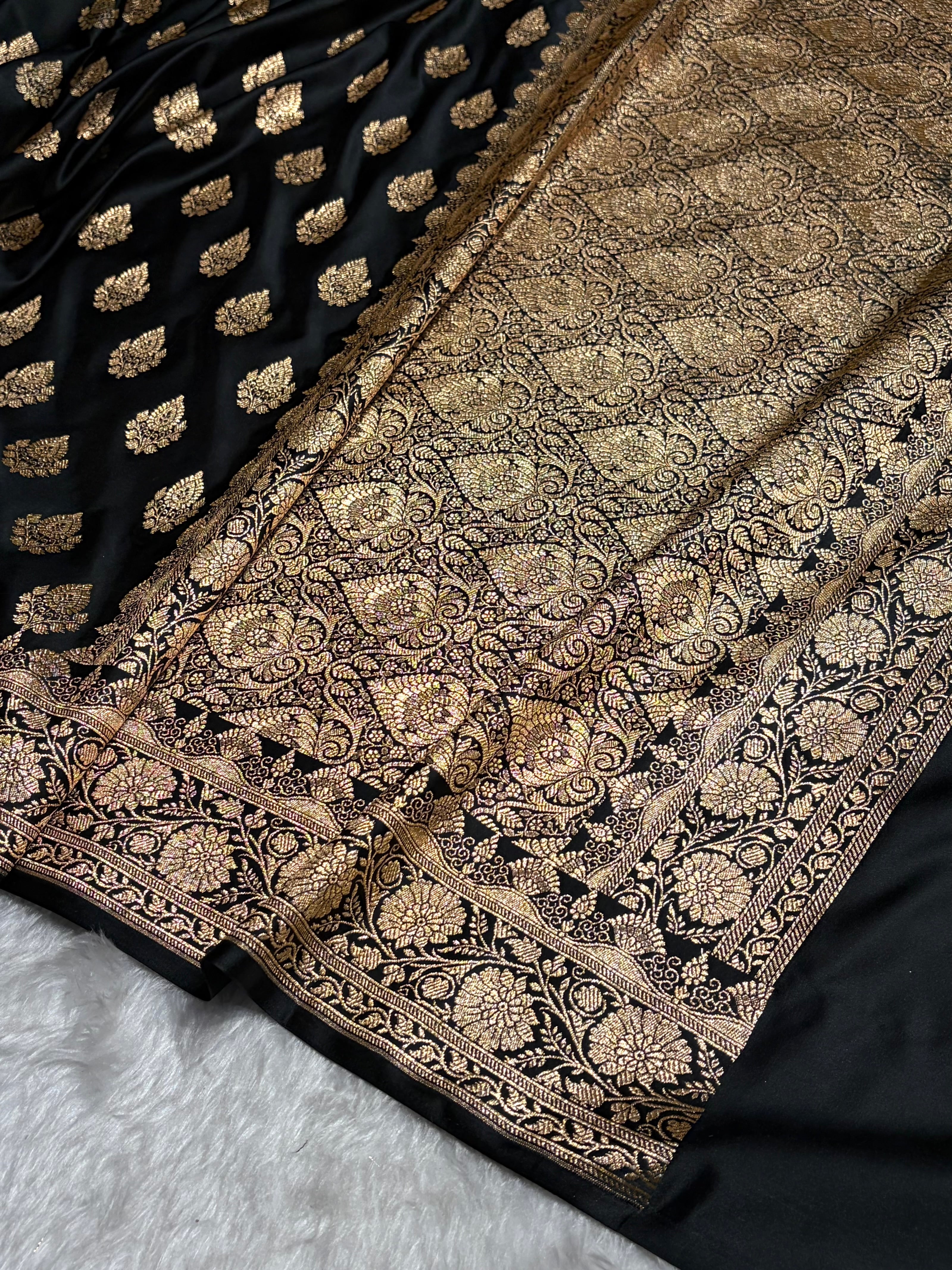 Black Floral Boota Pattern Satin Katan Silk saree SK45