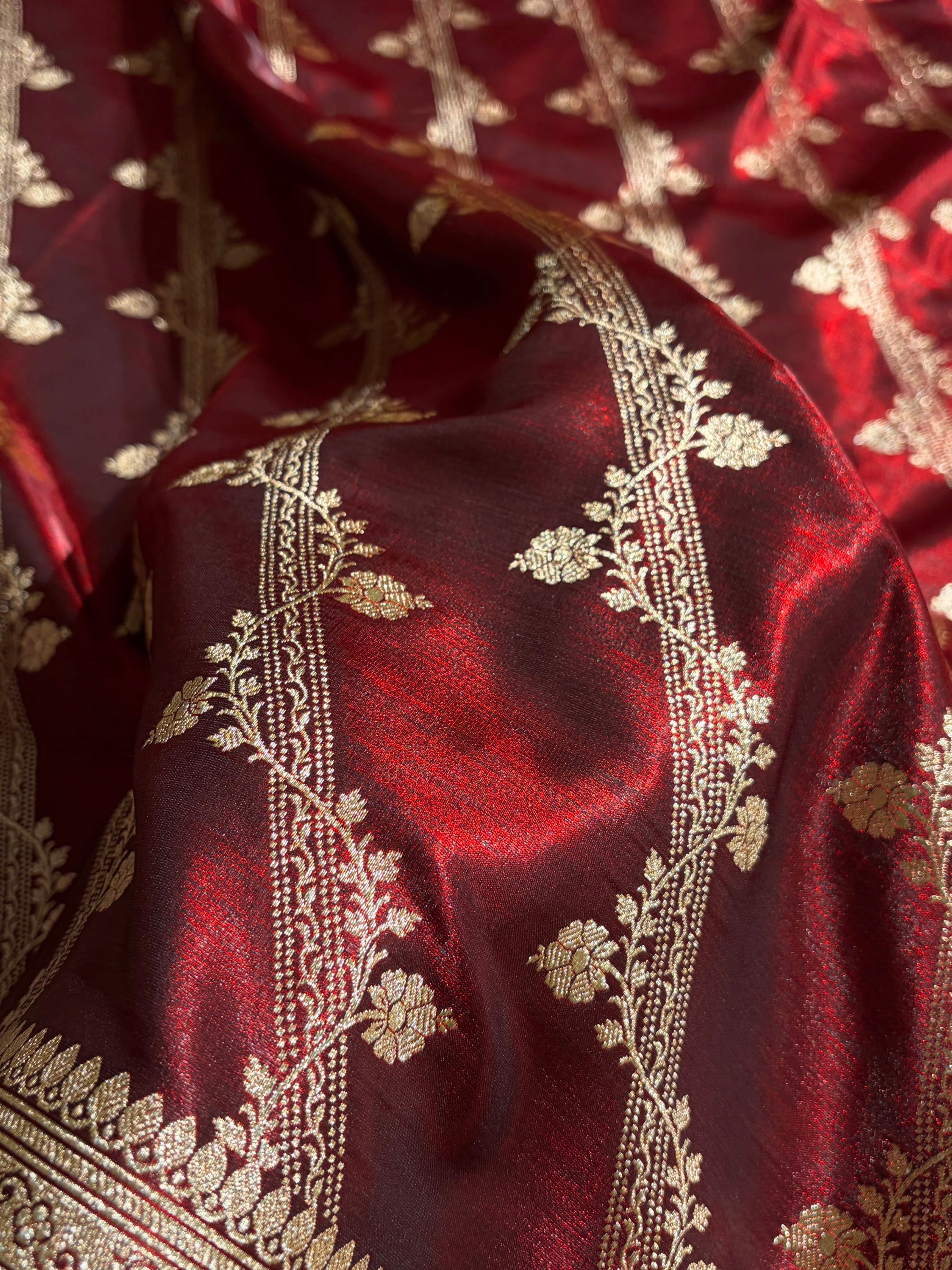 Maroon Shades Cross Pattern Banarasi Satin Silk Saree SS50