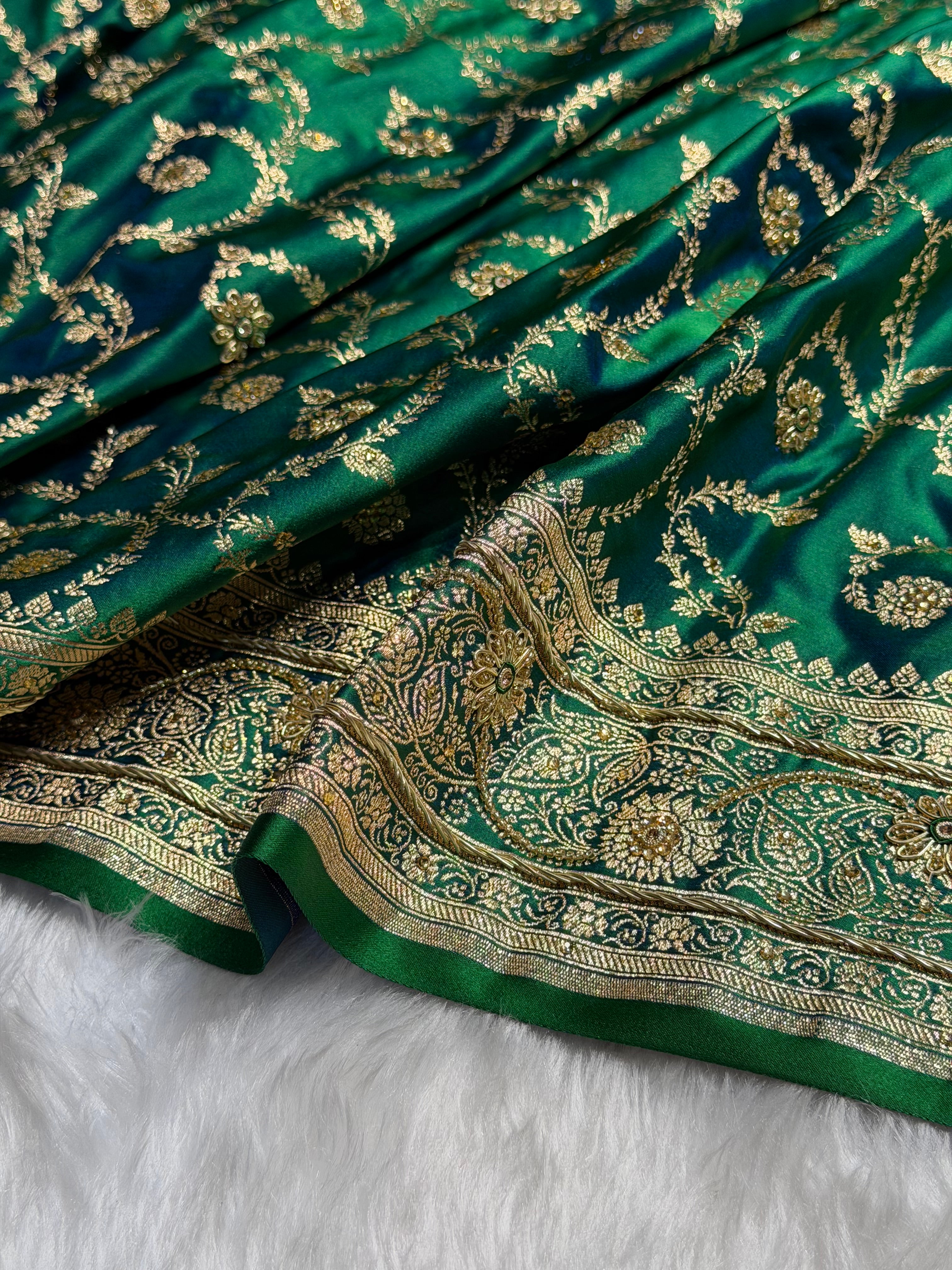 Banarasi Mehandi Booti Pattern With Swarovski Stone Work Satin Katan Silk Saree BSK55