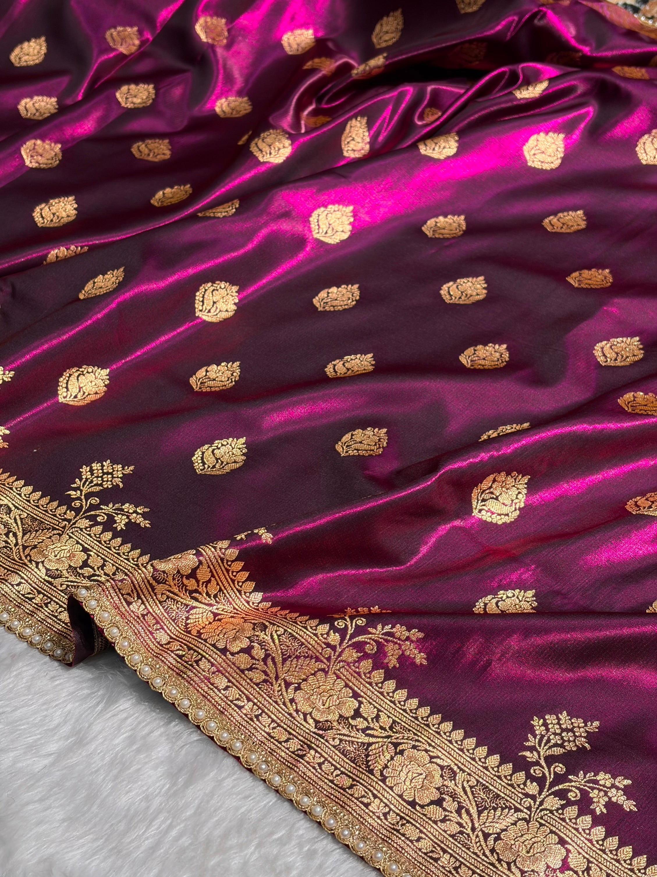 Banarasi Satin Silk Saree With Gotta Patti Booti Motif in Wine Shades SSGP20