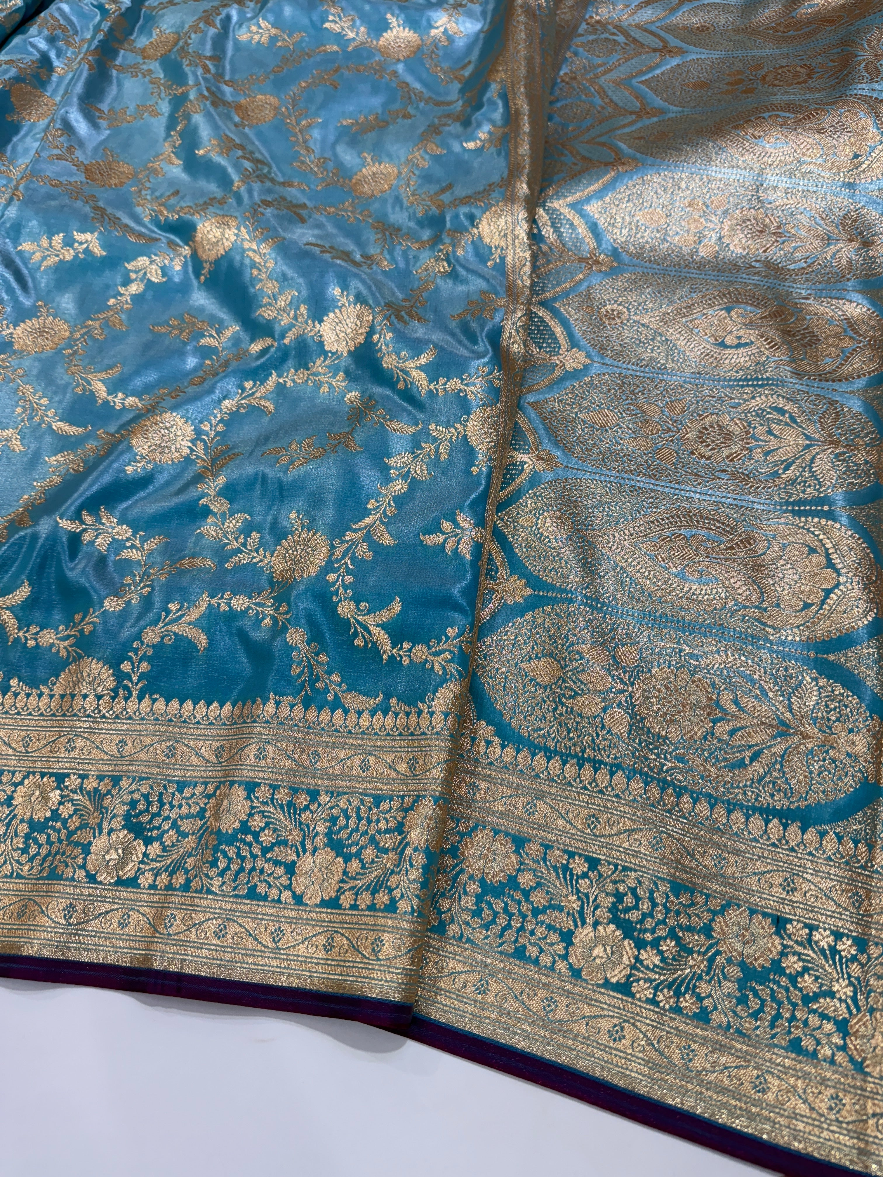 Ultra Light Weight Satin Silk Jaal in Pastel Blue Shades SS14