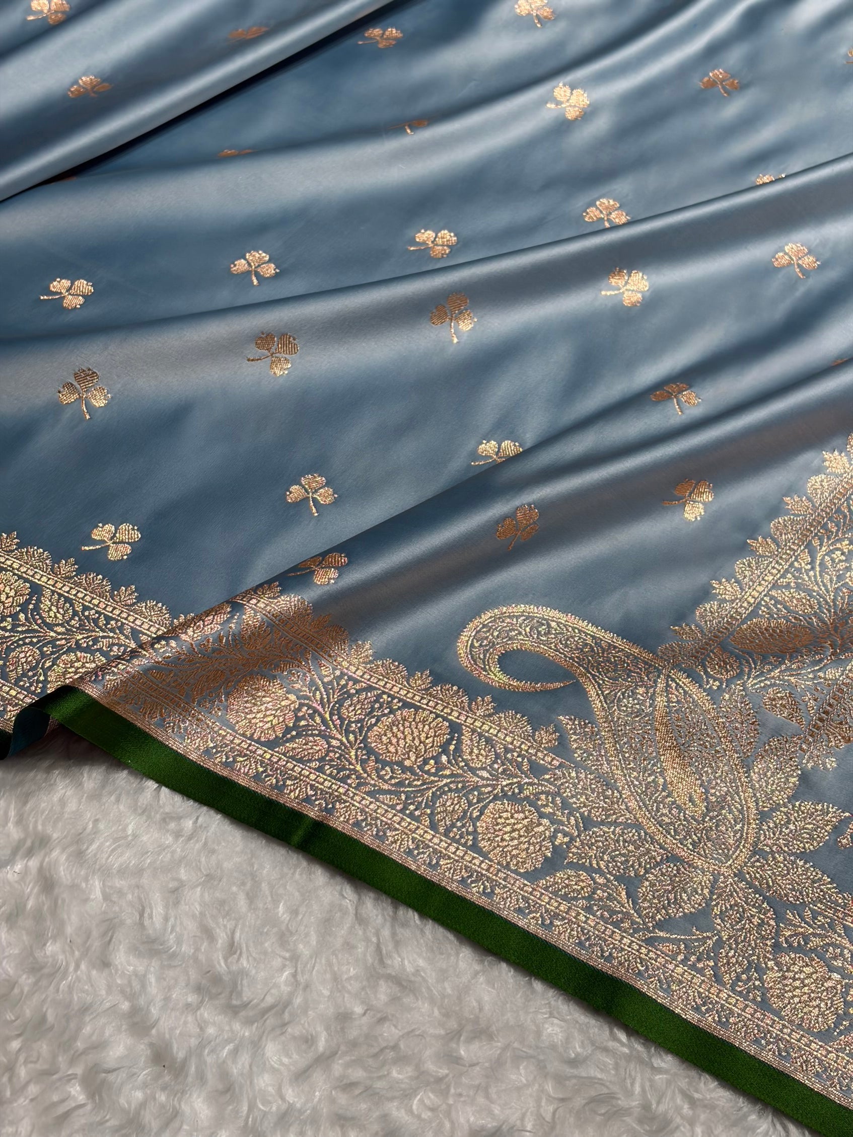 Banarasi Pastel German Blue Shades Booti Satin Katan Silk Saree SK09