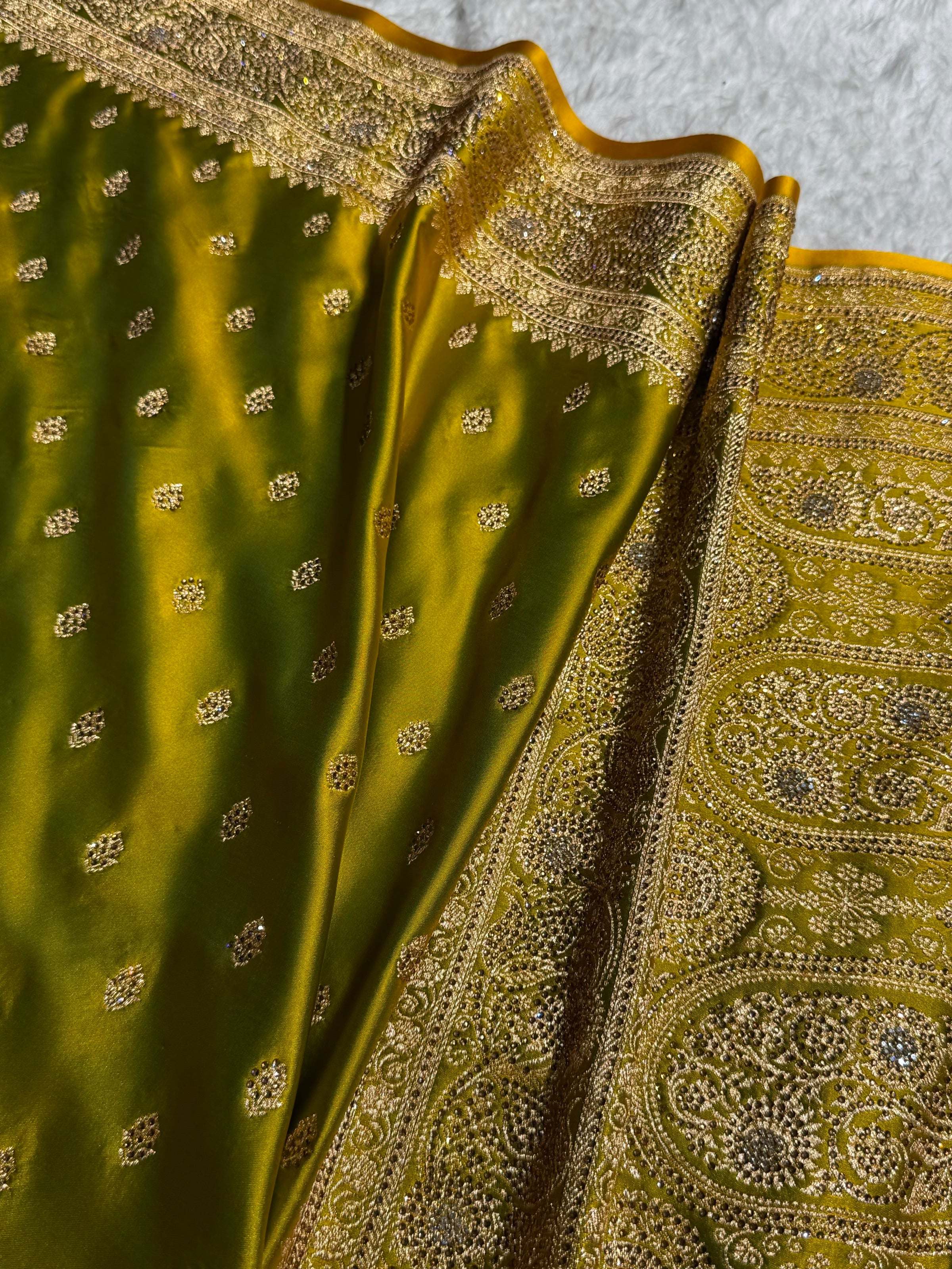 Banarasi Mehandi Booti Pattern With Swarovski Stone Work Satin Katan Silk Saree BSK53