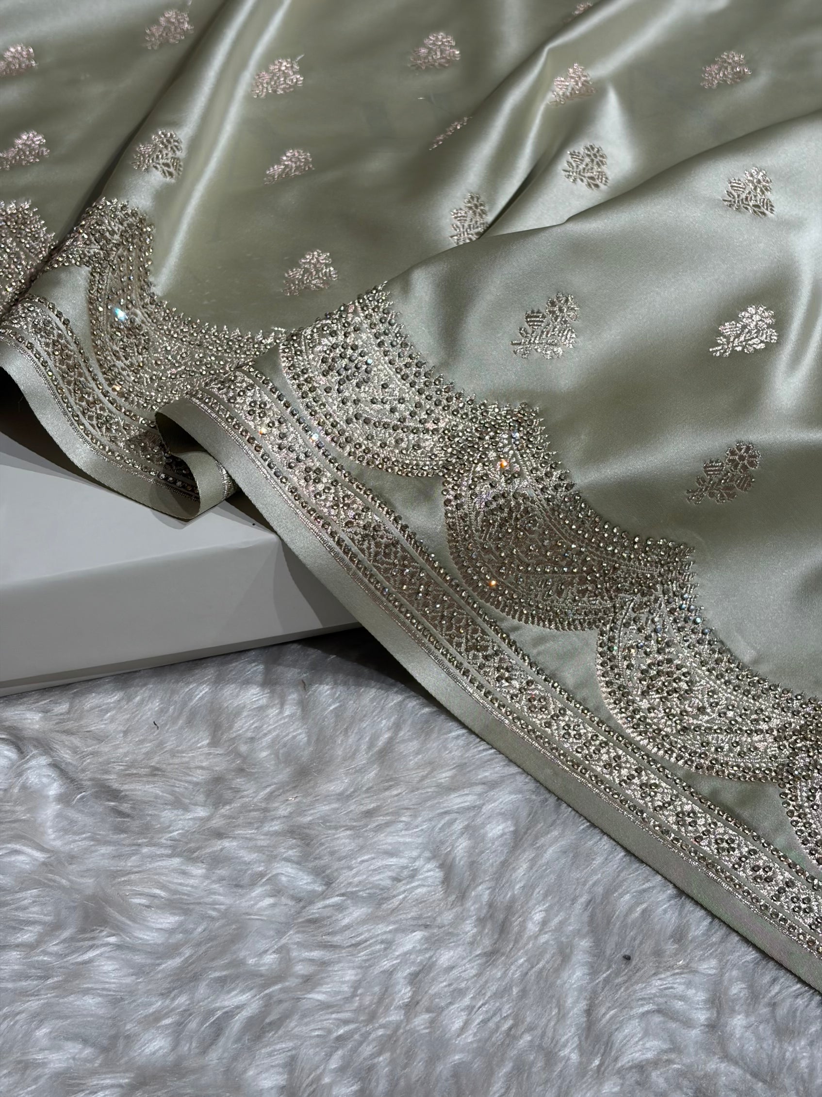 Banarasi Light Pista Scallop Mashru Silk with White Stone Swarovski work BMCS02