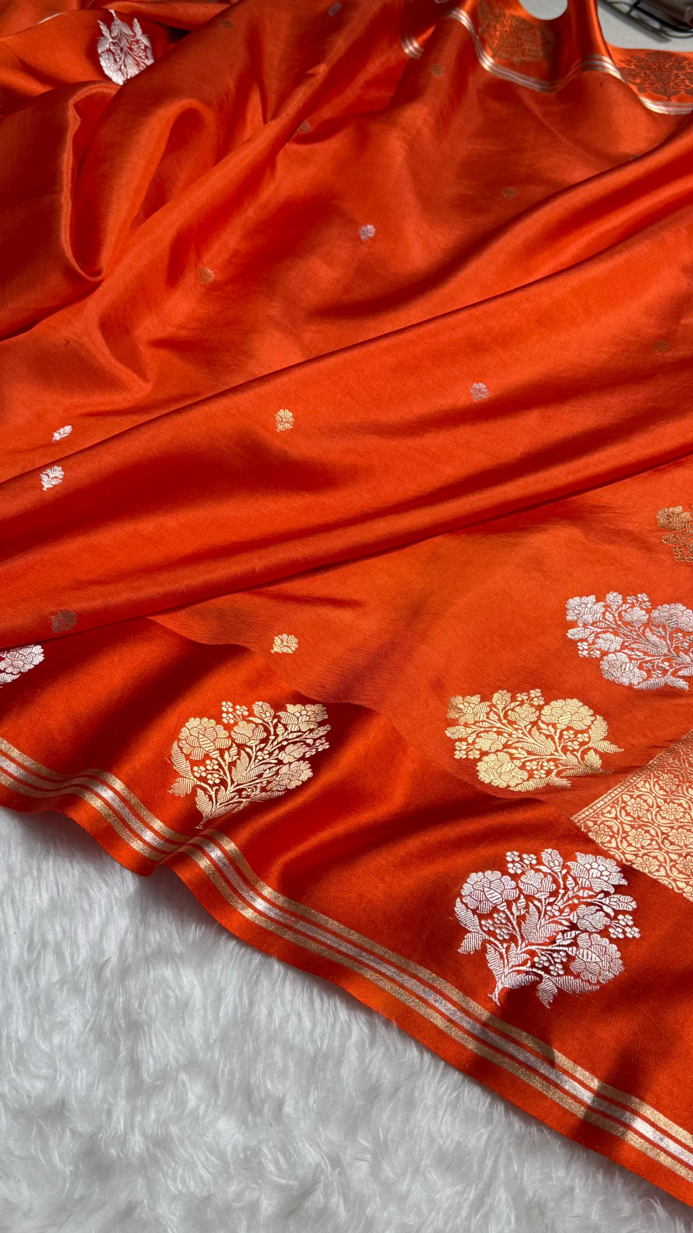 Orange Shades Meena Boota Handwoven Pure Katan Raw Mango Silk RM-01