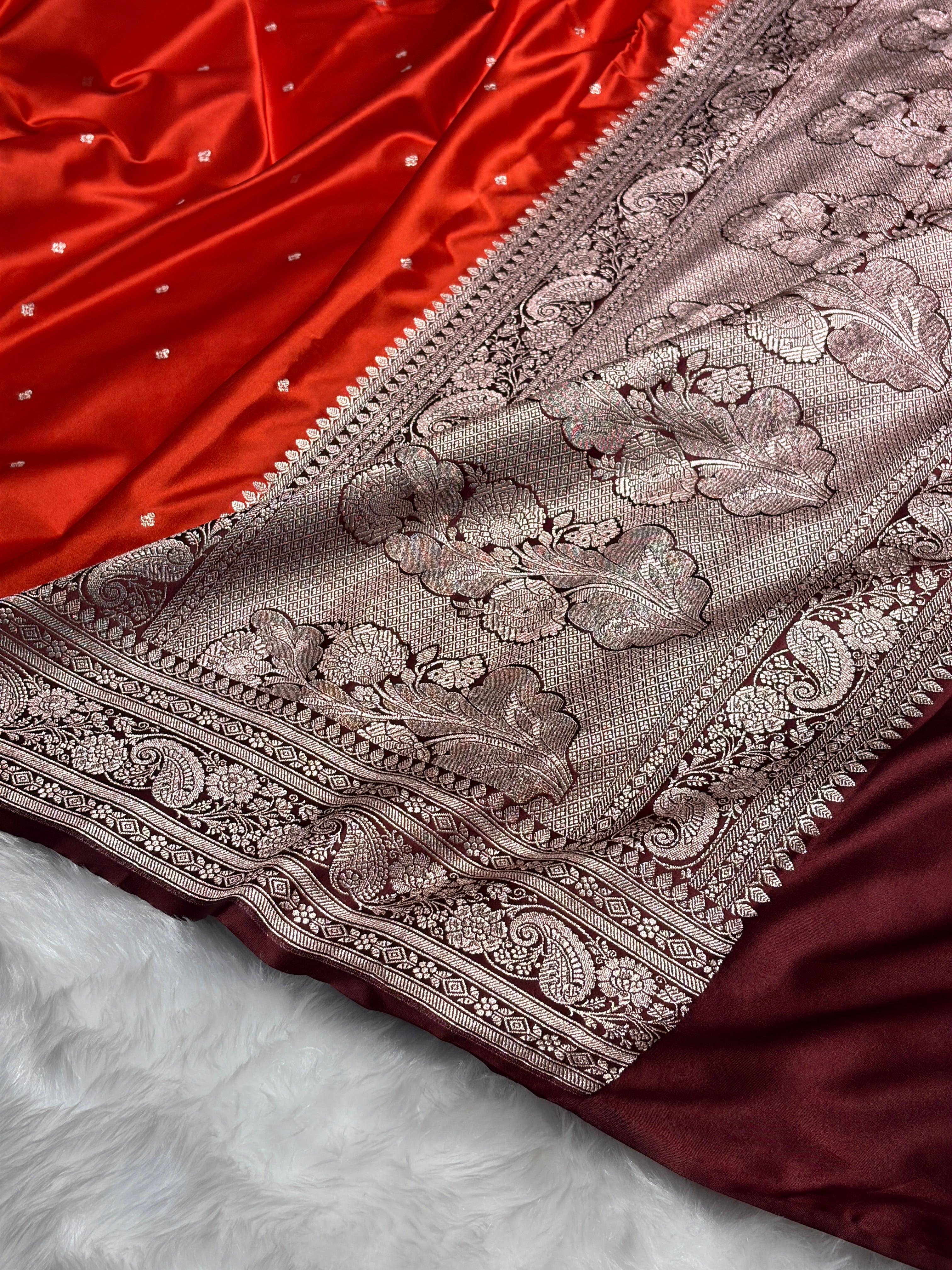 Contrast Rust Orange with Chocolate Shades Booti Mashru Silk Saree MS64