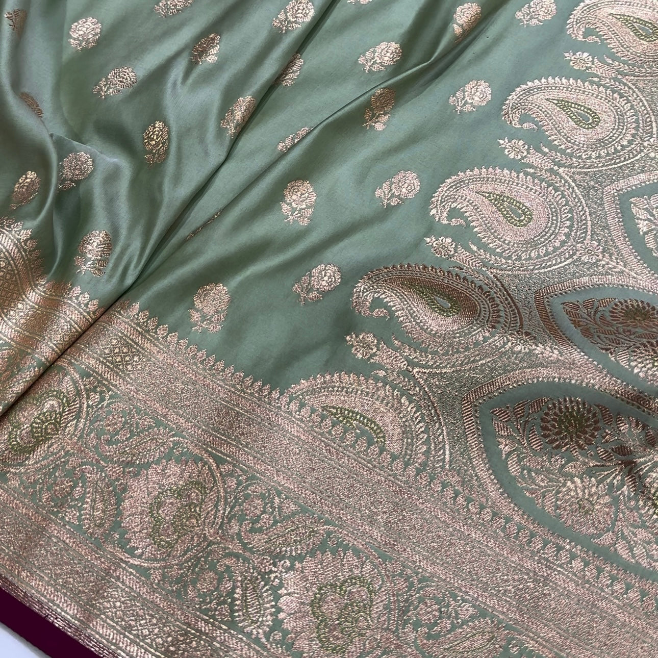 Floral boota Satin katan Silk Saree In Pista Shades SK12