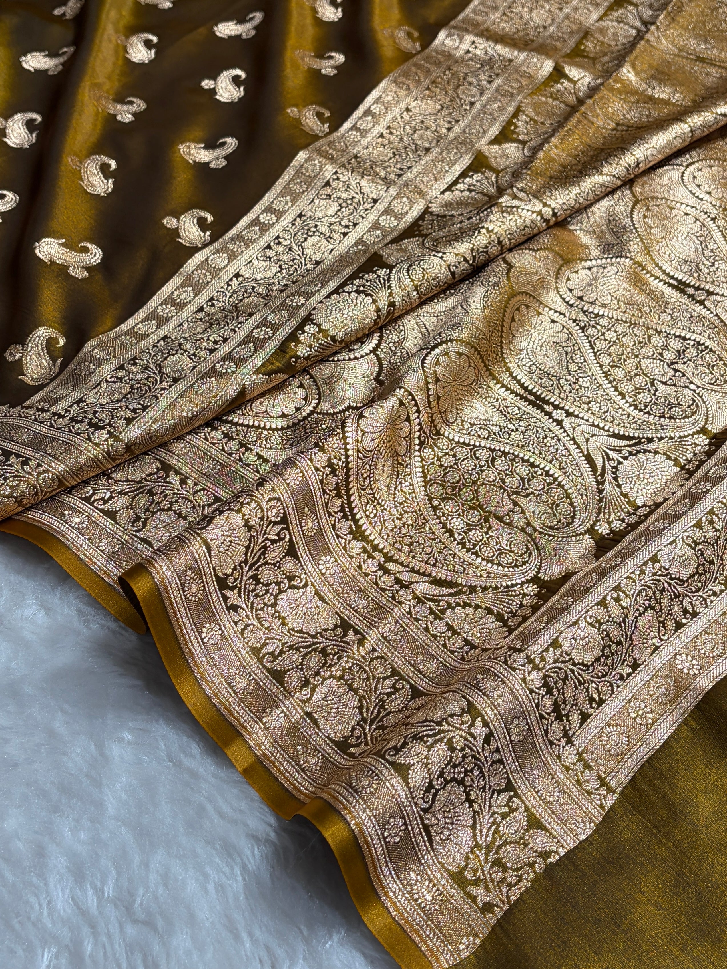 Satin Silk Saree Floral Boota in Mehendi Shades SS27