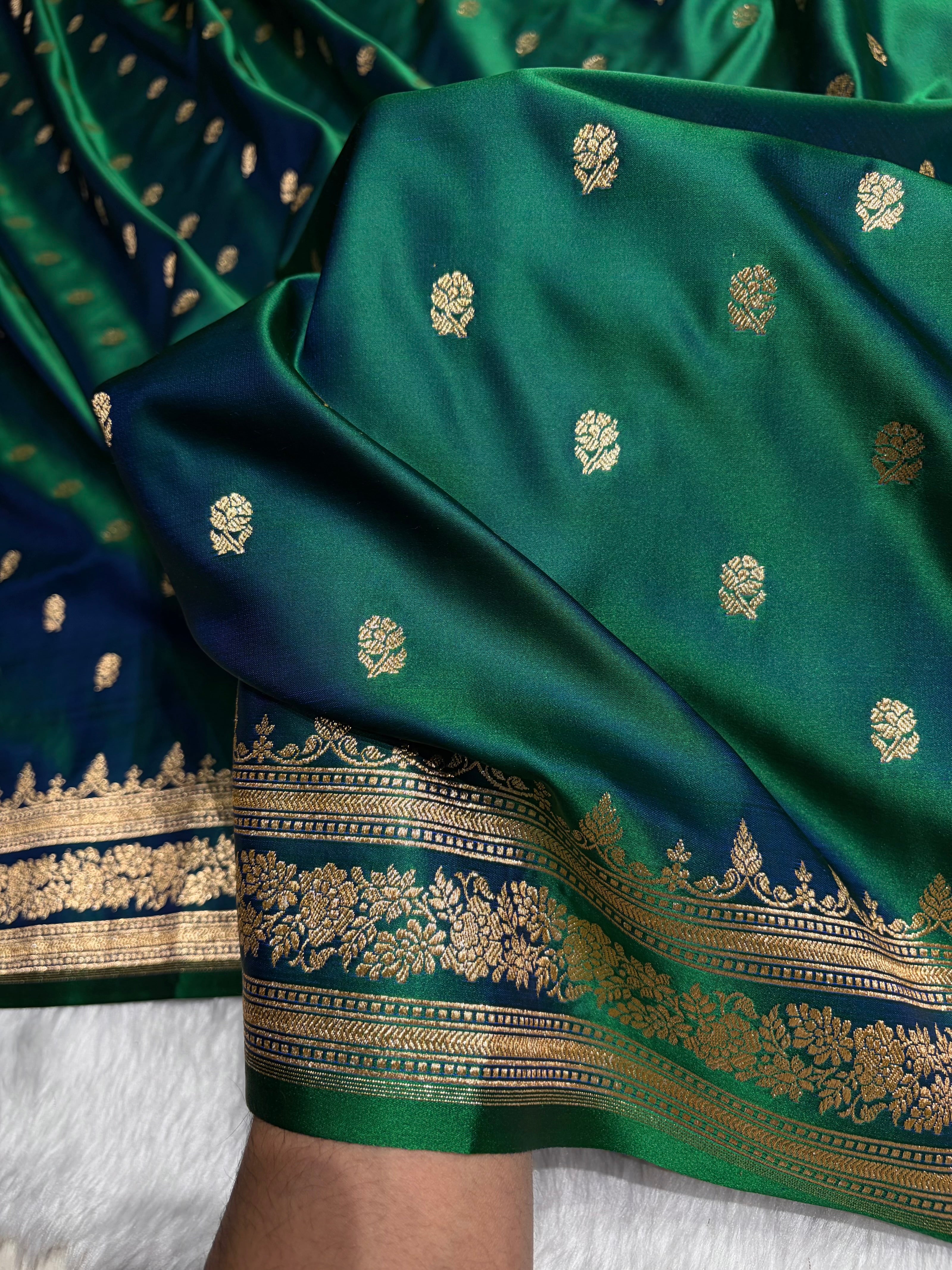 Cross Green Floral Pattern Satin Katan Silk Saree SK76