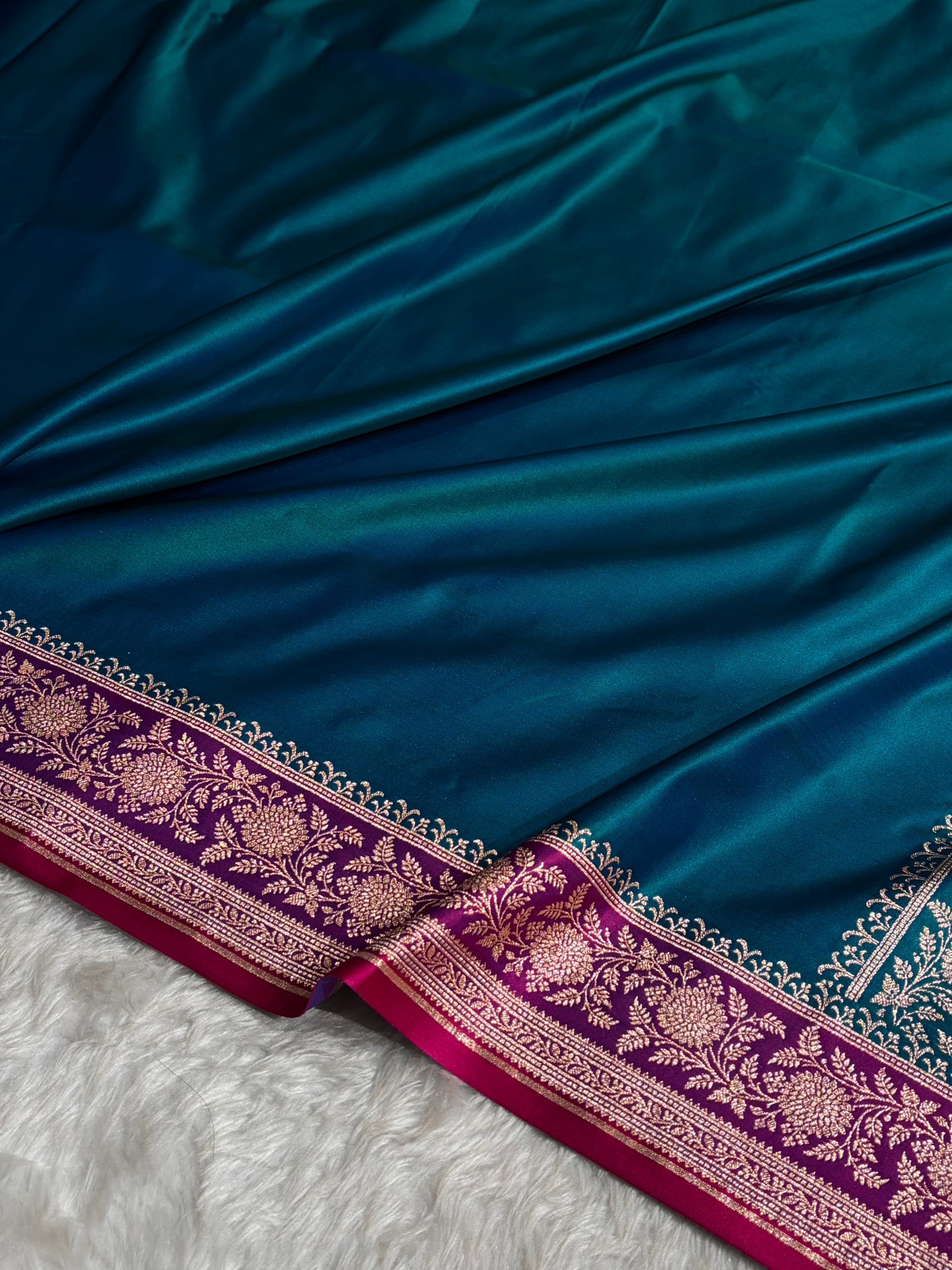 Banarasi Satin Katan Saree Floral Booti Pattern in Contrast Dark Rama / Rani Shades SK149