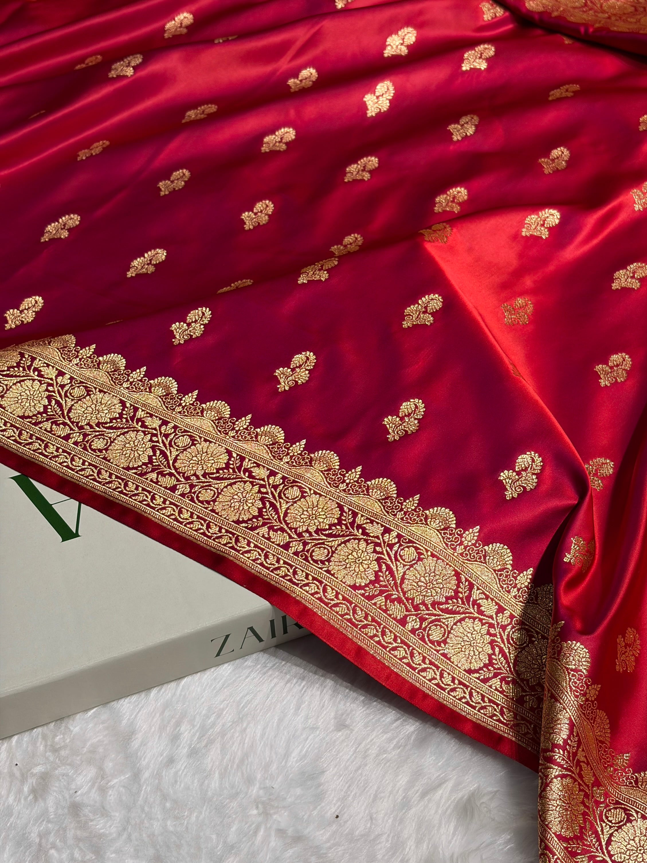 Reddish Magenta Shades Floral Booti Motif Satin Katan Silk saree SK61