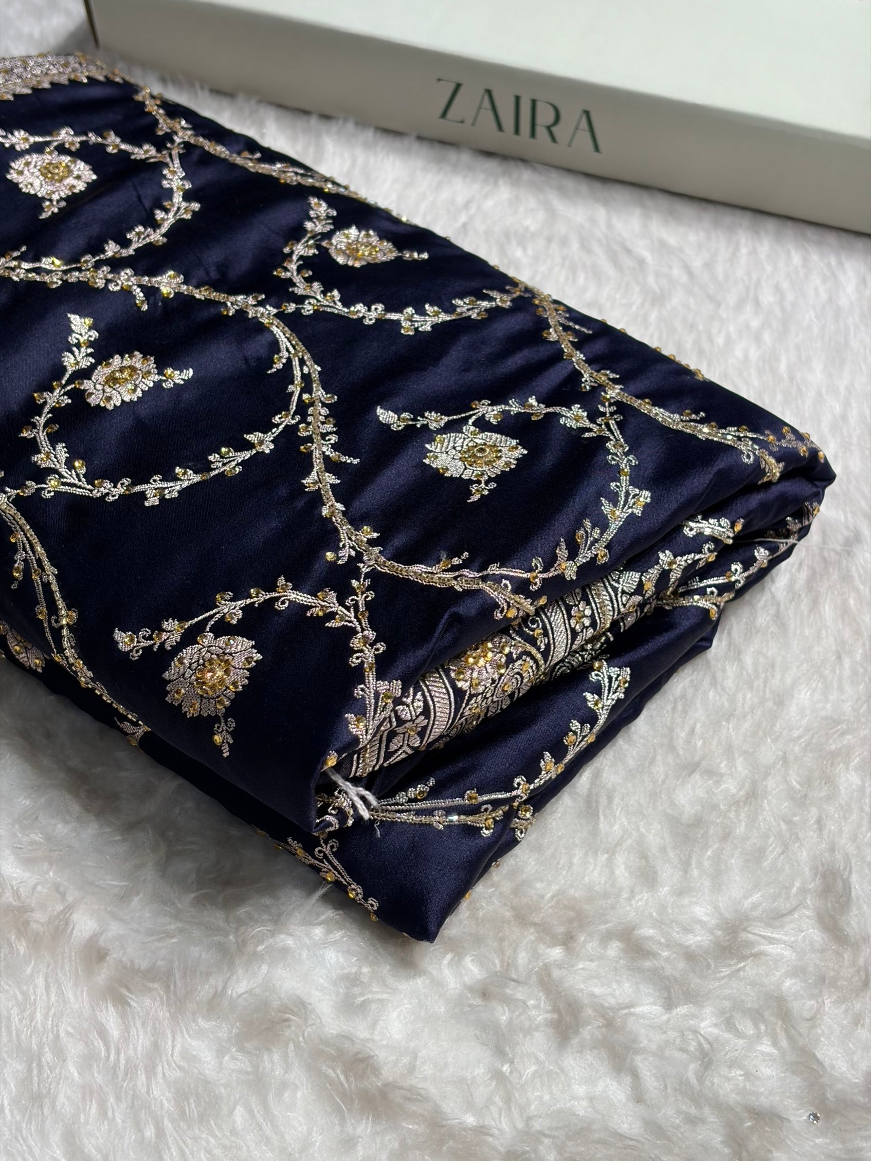 Banarasi Navy Blue Shades Jaal Mashru Silk Saree With Ari Stone Work BMS44